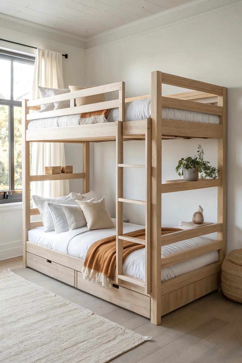 Triple-stack bunk bed in pale oak—sleek, space-saving sleep space for small shared rooms.
