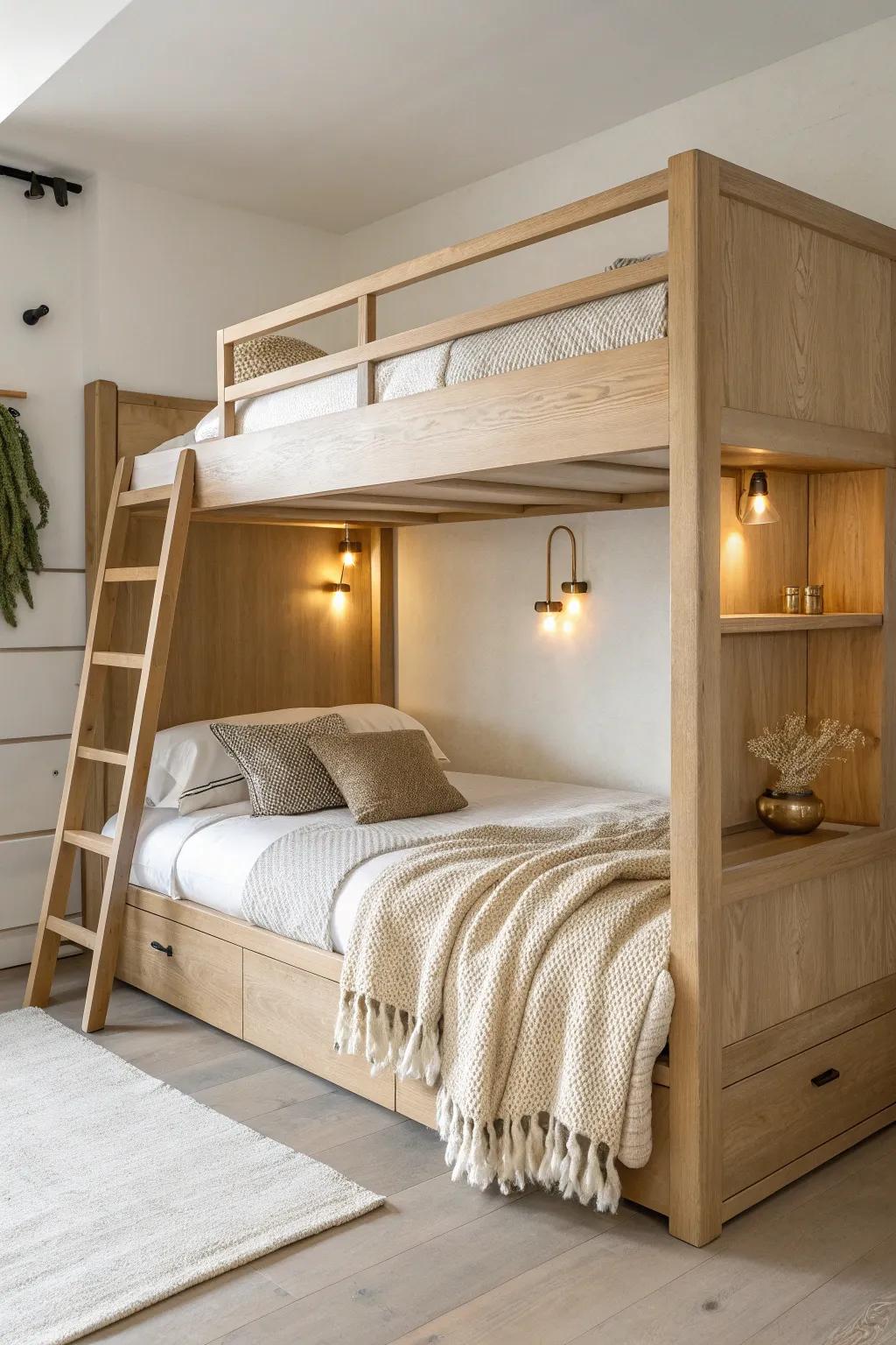 Built-in reading lights make this minimalist bunk bed cozy for late-night pages and quiet sleep.