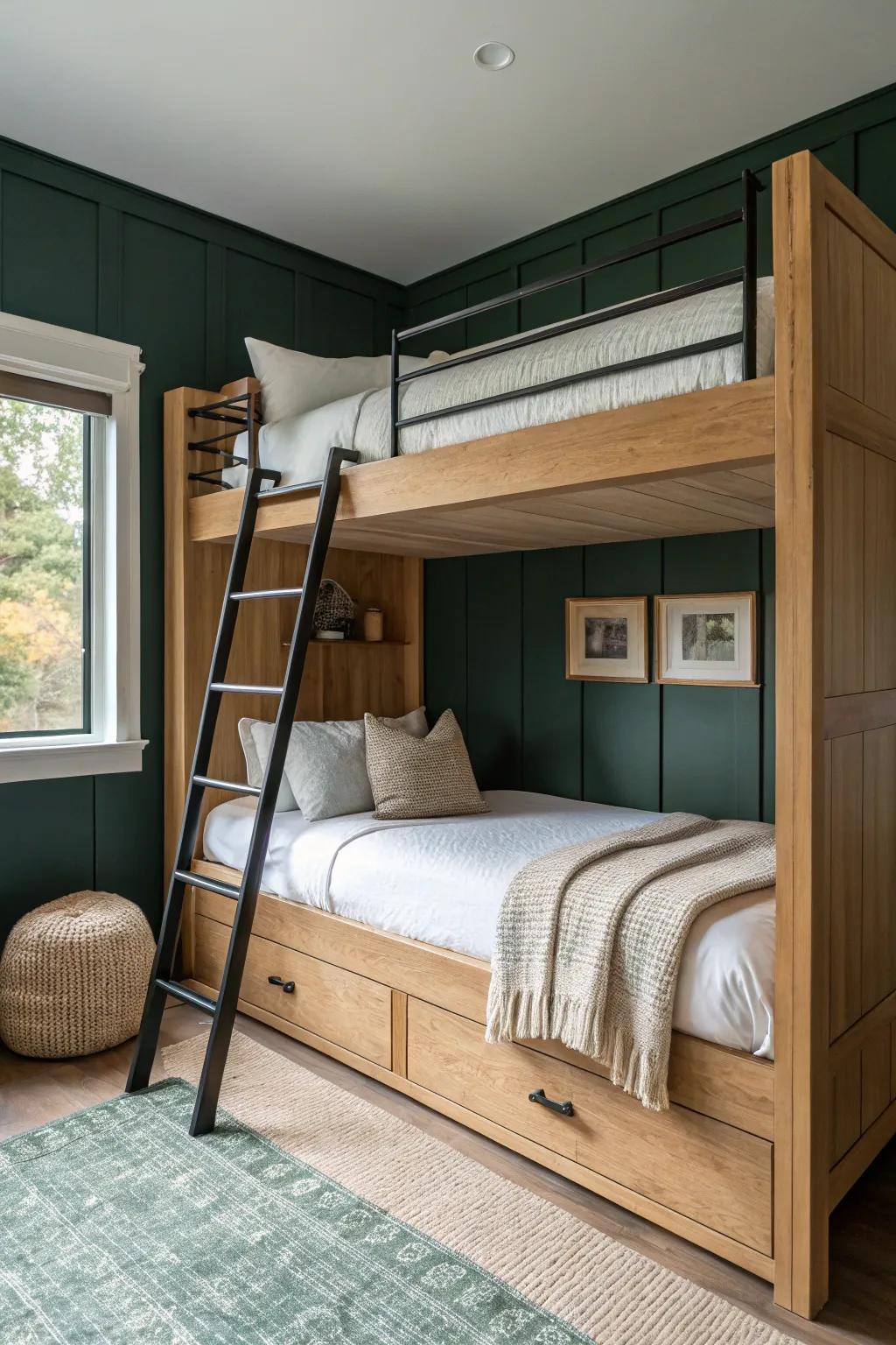 Deep moody paint + crisp white linens make an adult bunk feel like a boutique getaway.