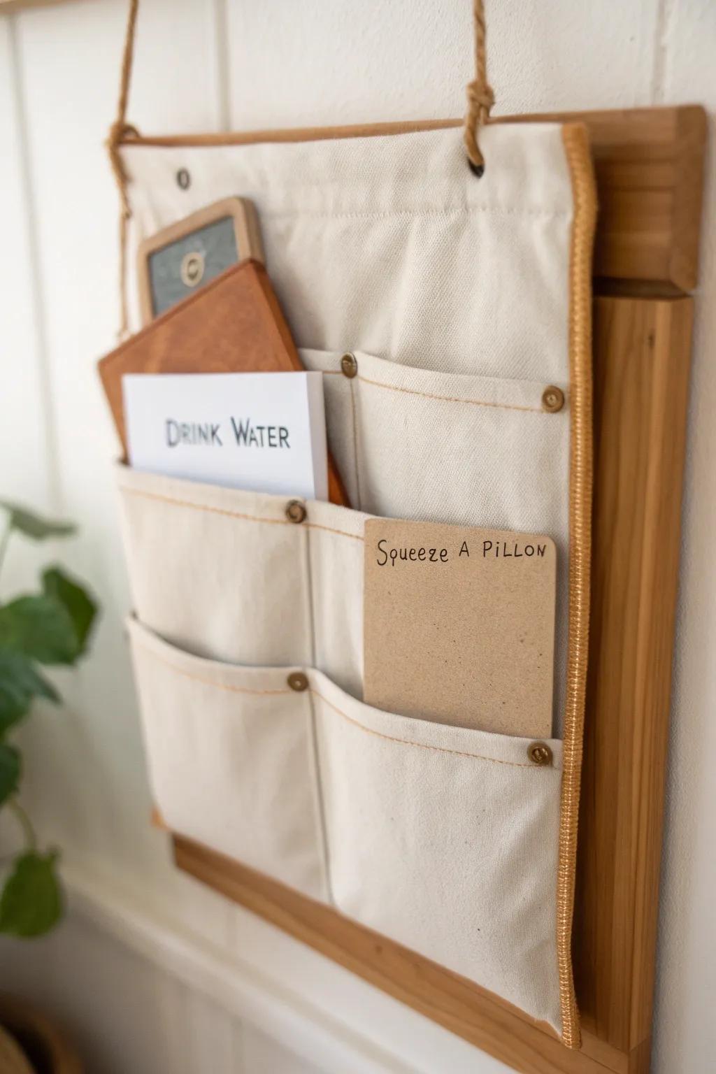 Handmade wall pockets display coping cards beautifully—vertical calm-corner organization for tiny spaces.