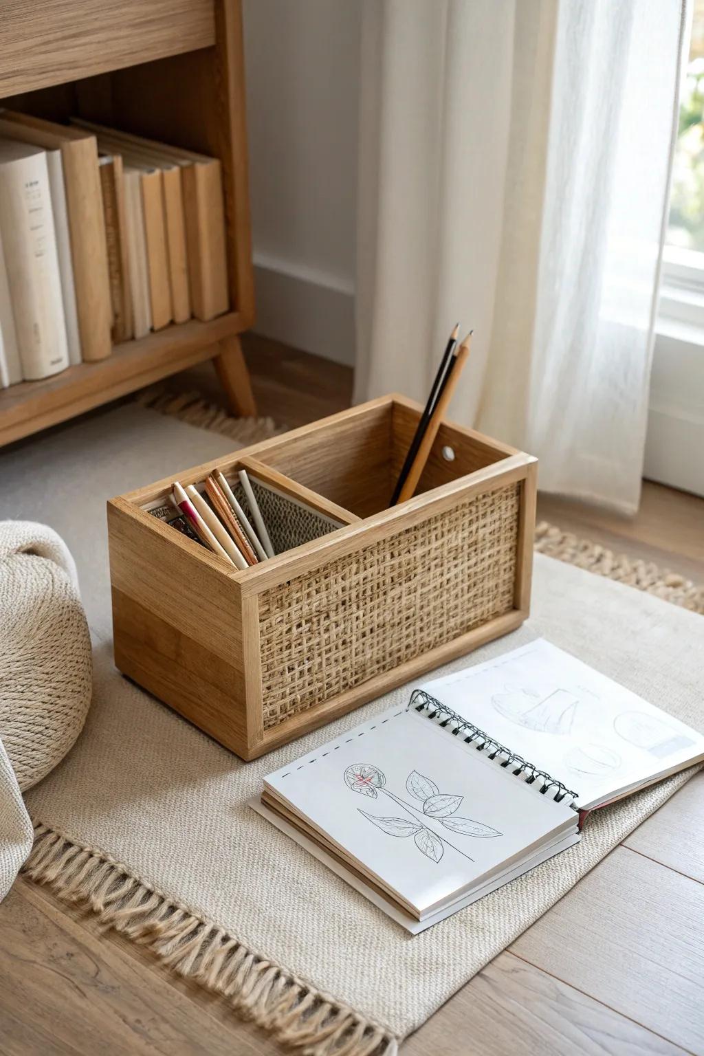 A slim art bin keeps pencils and a sketch pad ready—quiet focus with effortless cleanup.