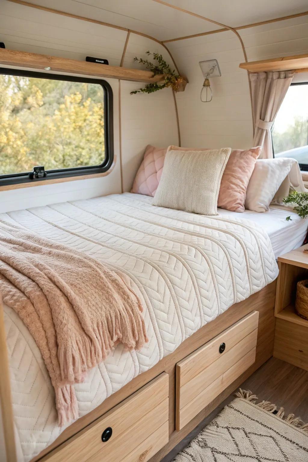 Half-tuck the open side and let the quilt drape at the walls—easy corner-camper bedding style.