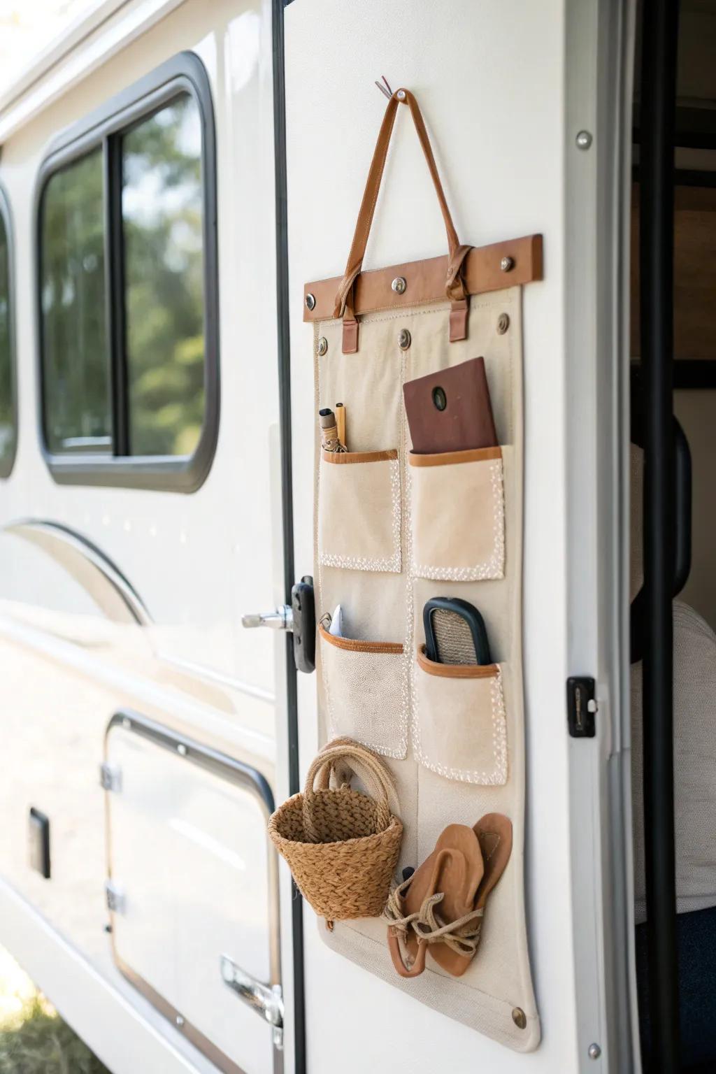 A chic over-the-door organizer keeps camper entry essentials tidy without taking cabinet space.