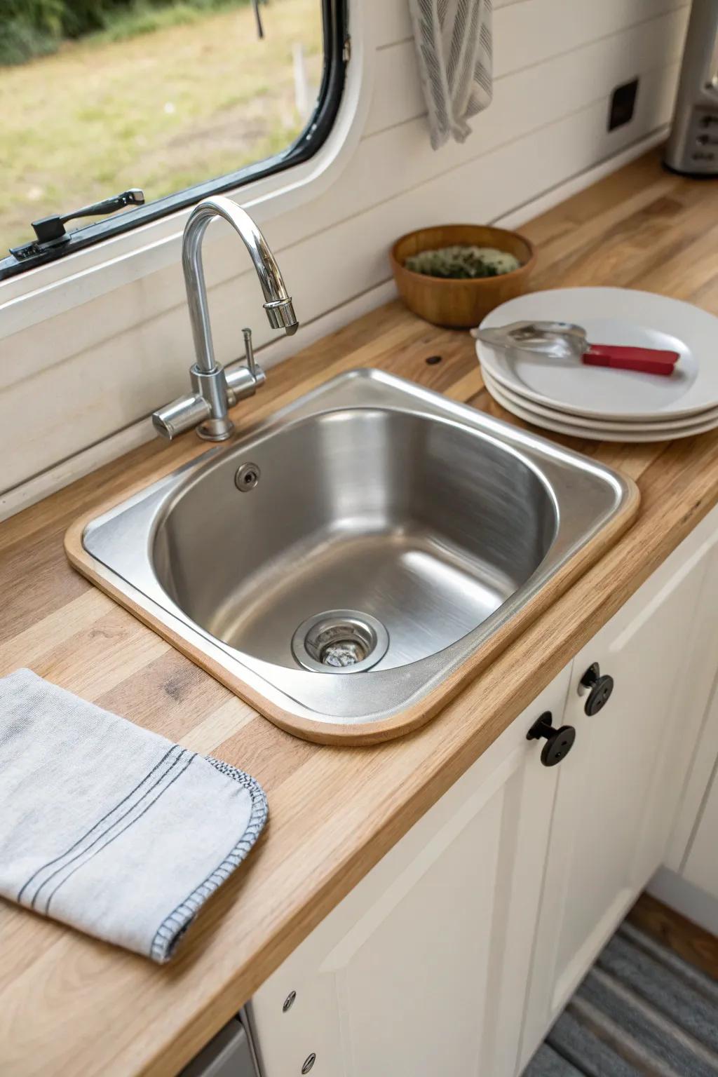 A deep camper sink makes dishwashing easy—room for real plates, less daily hassle.