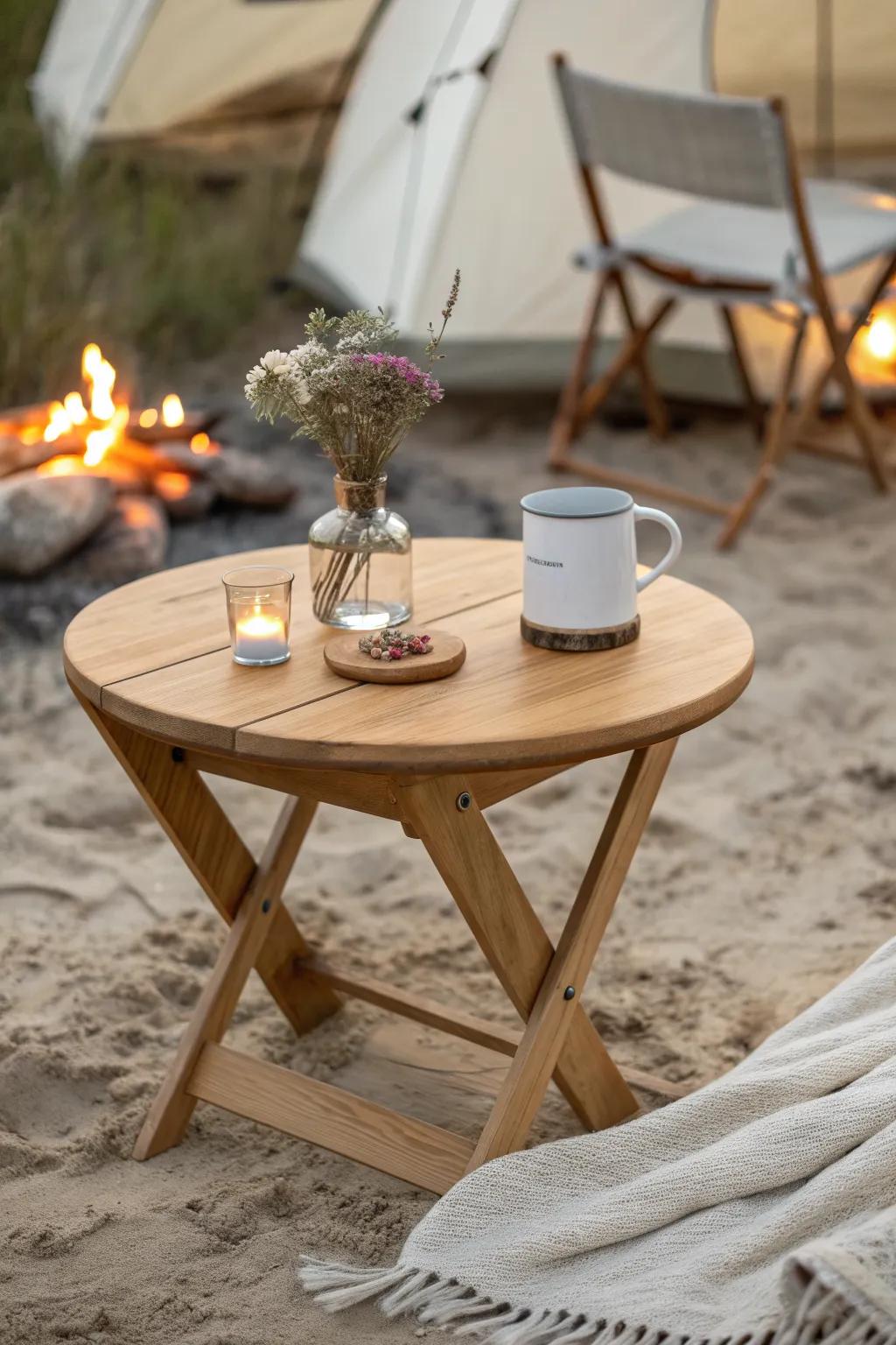 A tiny wooden camp table makes the fire ring feel like a cozy outdoor living room at night.