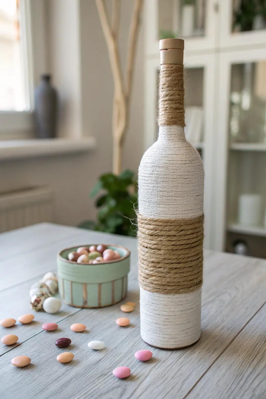 Elevate your candy storage with these stylish upcycled wine bottles – a perfect blend of minimalist charm and boho flair.
