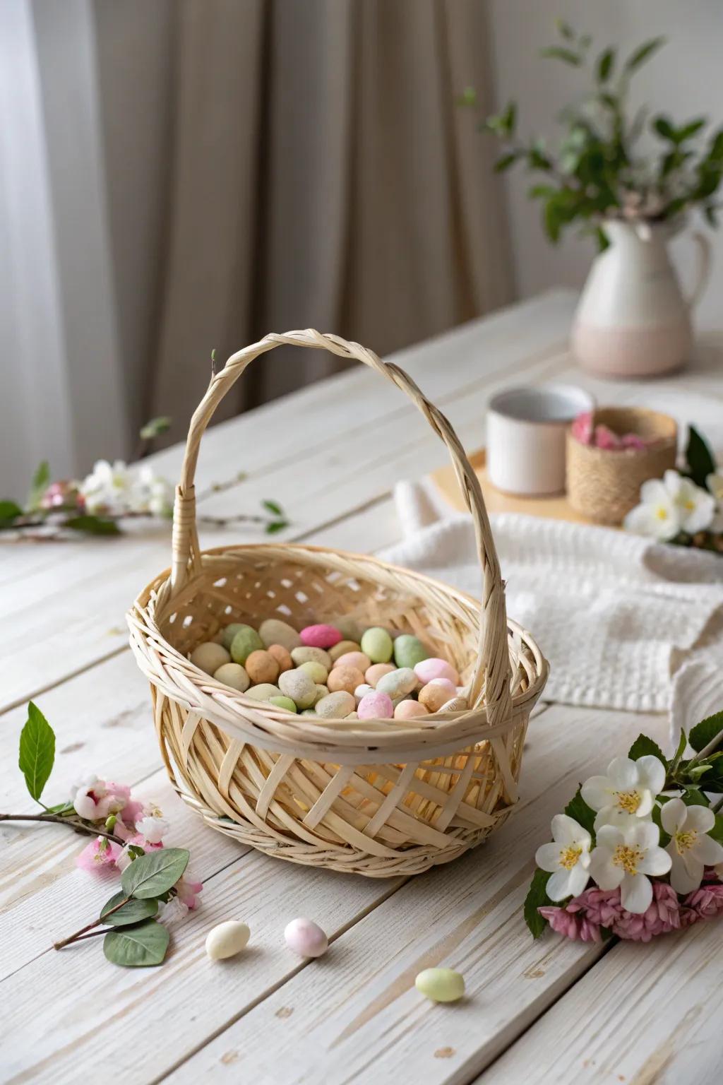Embrace nature's elegance with a minimalist Easter basket filled with leafy candies and edible blooms.