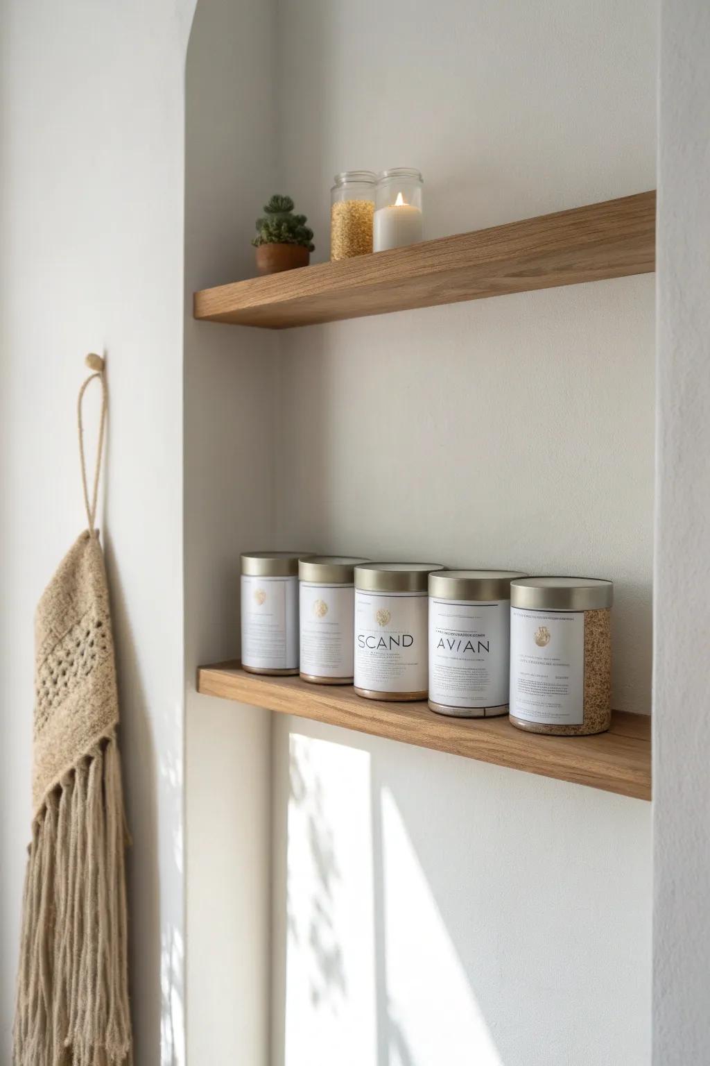 Skinny wall ledges turn everyday cans into tidy, single-row storage that doubles as decor.