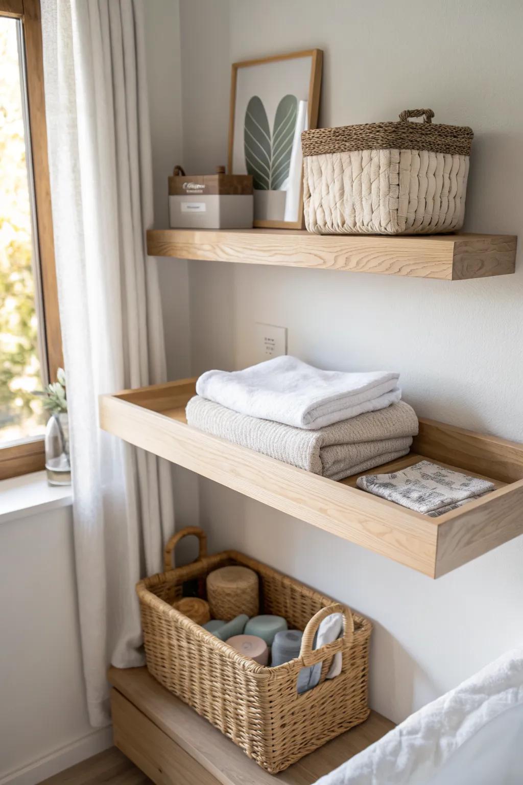 A high floating shelf keeps diapers and wipes handy—vertical storage that makes rooms feel taller.