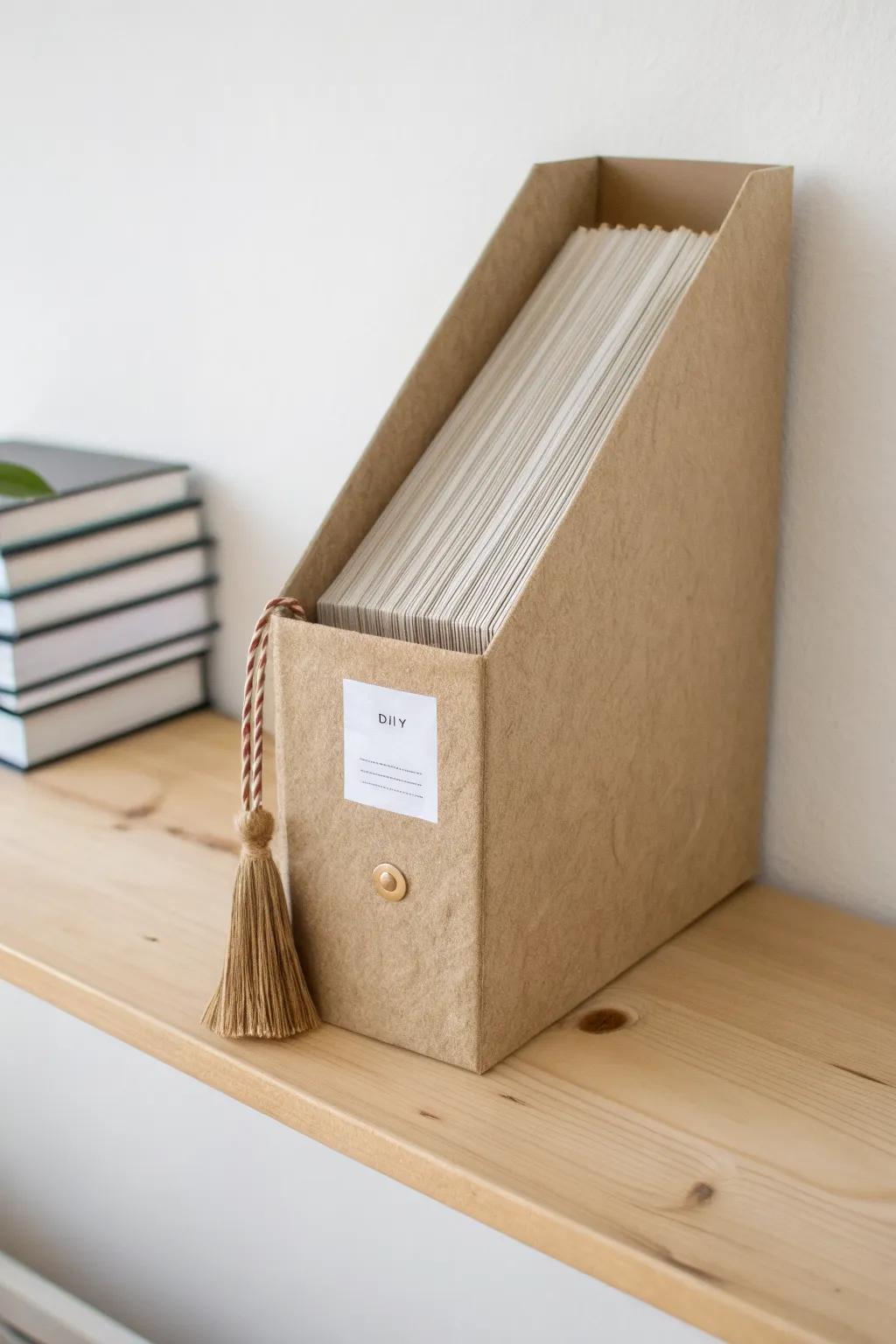 Cereal-box magazine file: a free, pretty organizer for foil, cutting boards, or closet clutches.