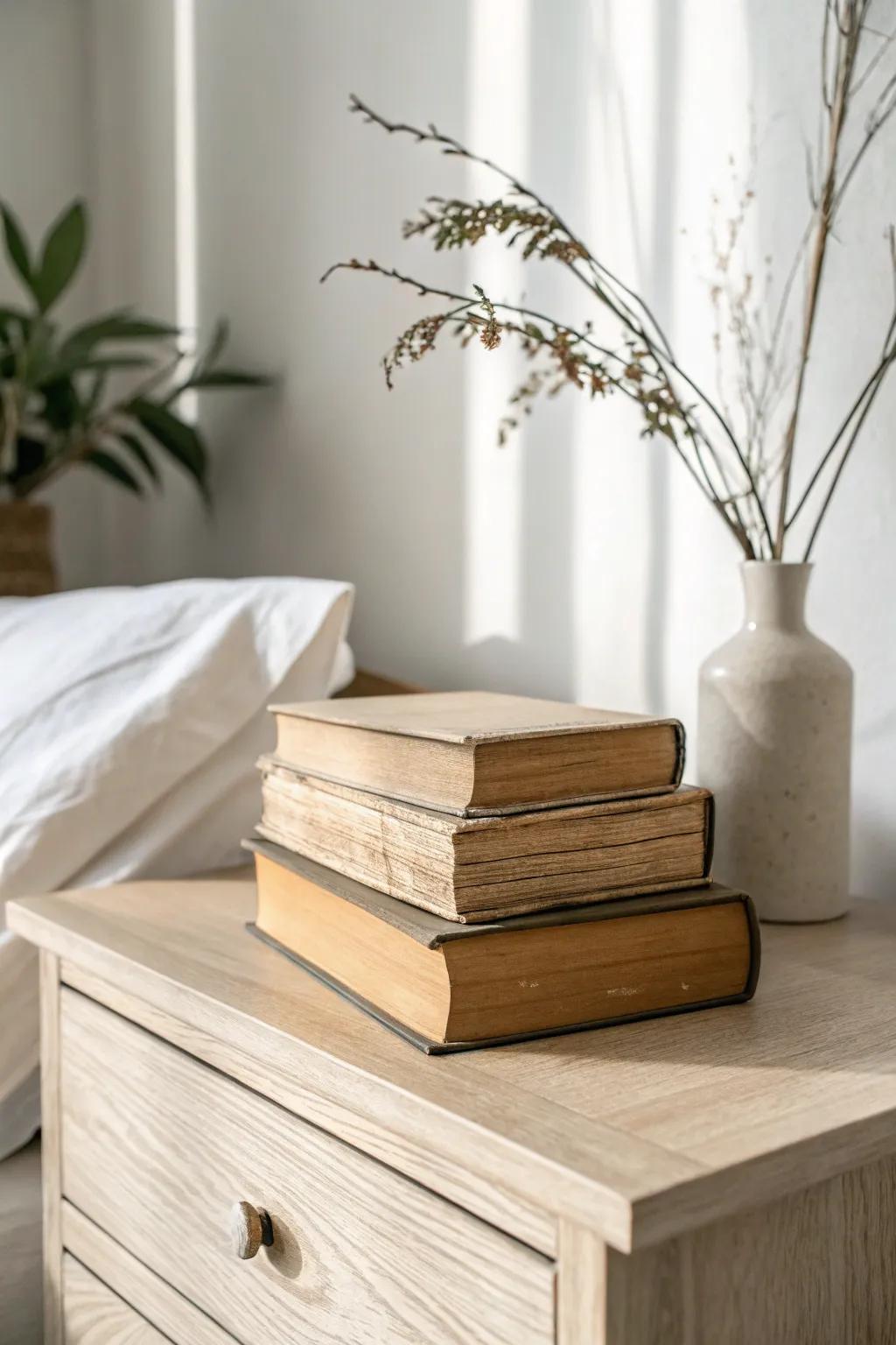 Stack paperbacks on a nightstand for free height and personality—simple, cozy budget decor.