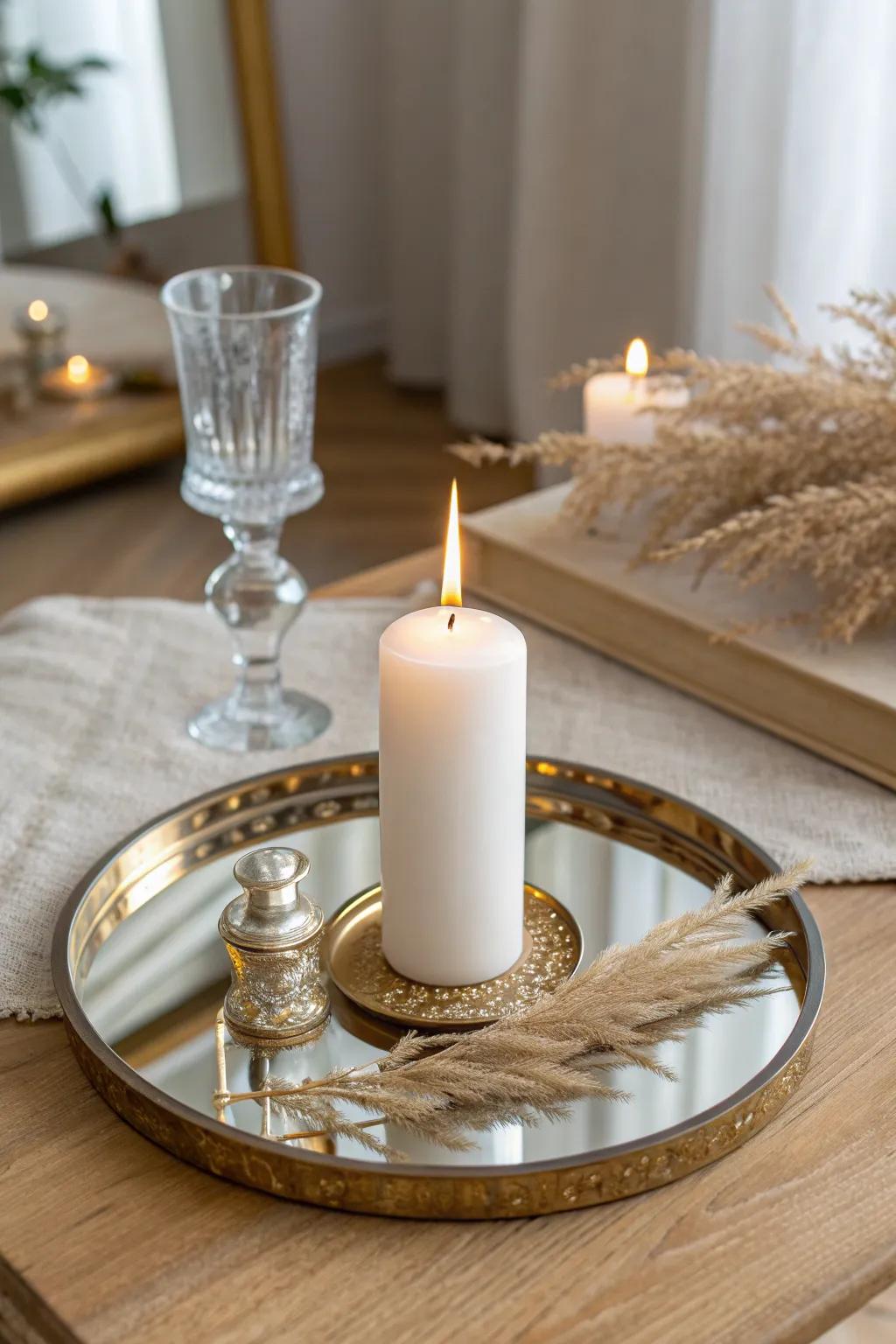 A mirrored tray centerpiece doubles candlelight—an easy, budget-friendly table glow-up.