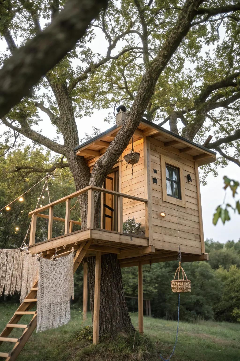 Budget treehouse living: a tiny platform-built cabin with a simple roof for real-home comfort.