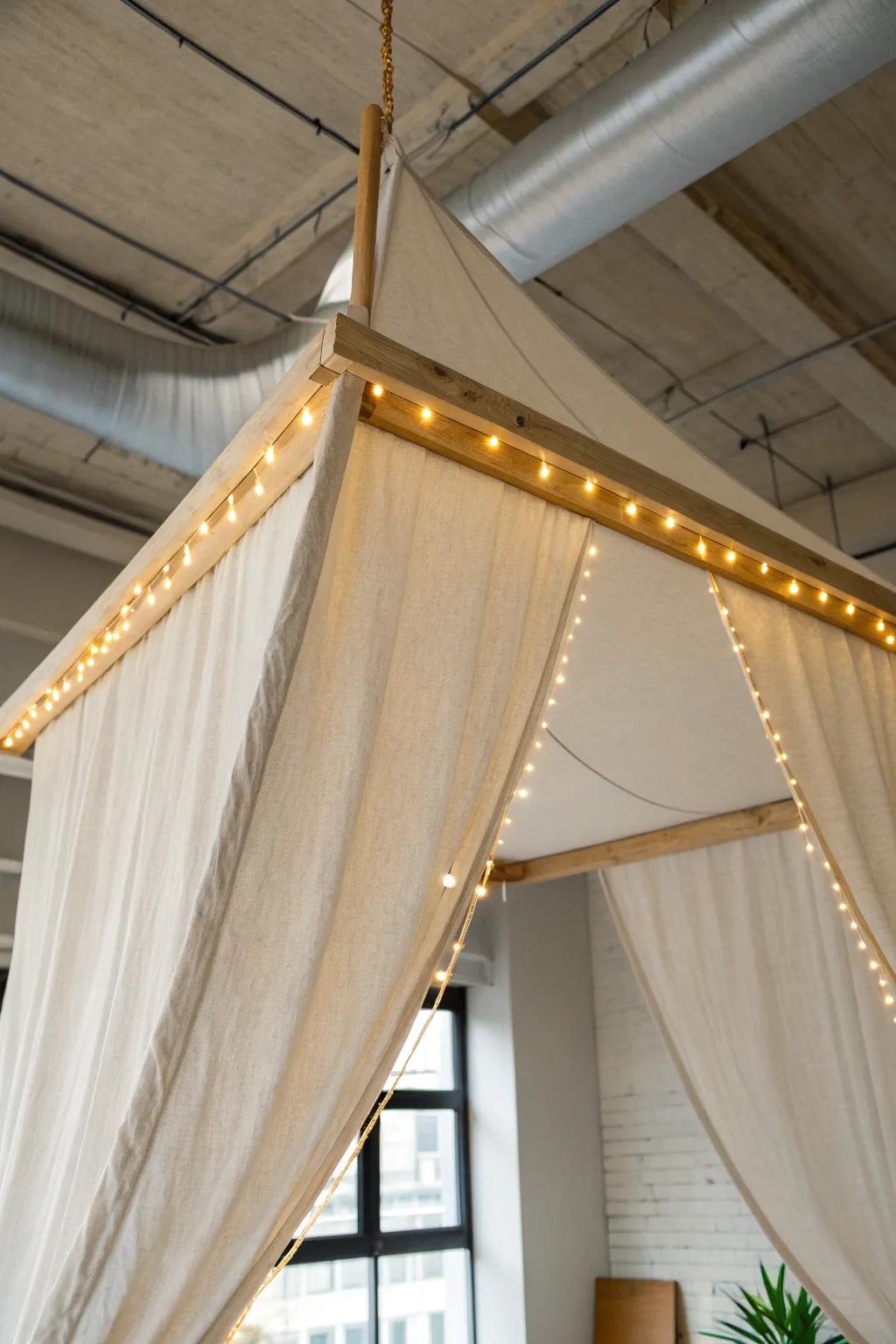 Create a cozy cubicle “room” with a simple linen ceiling canopy and warm twinkle lights.