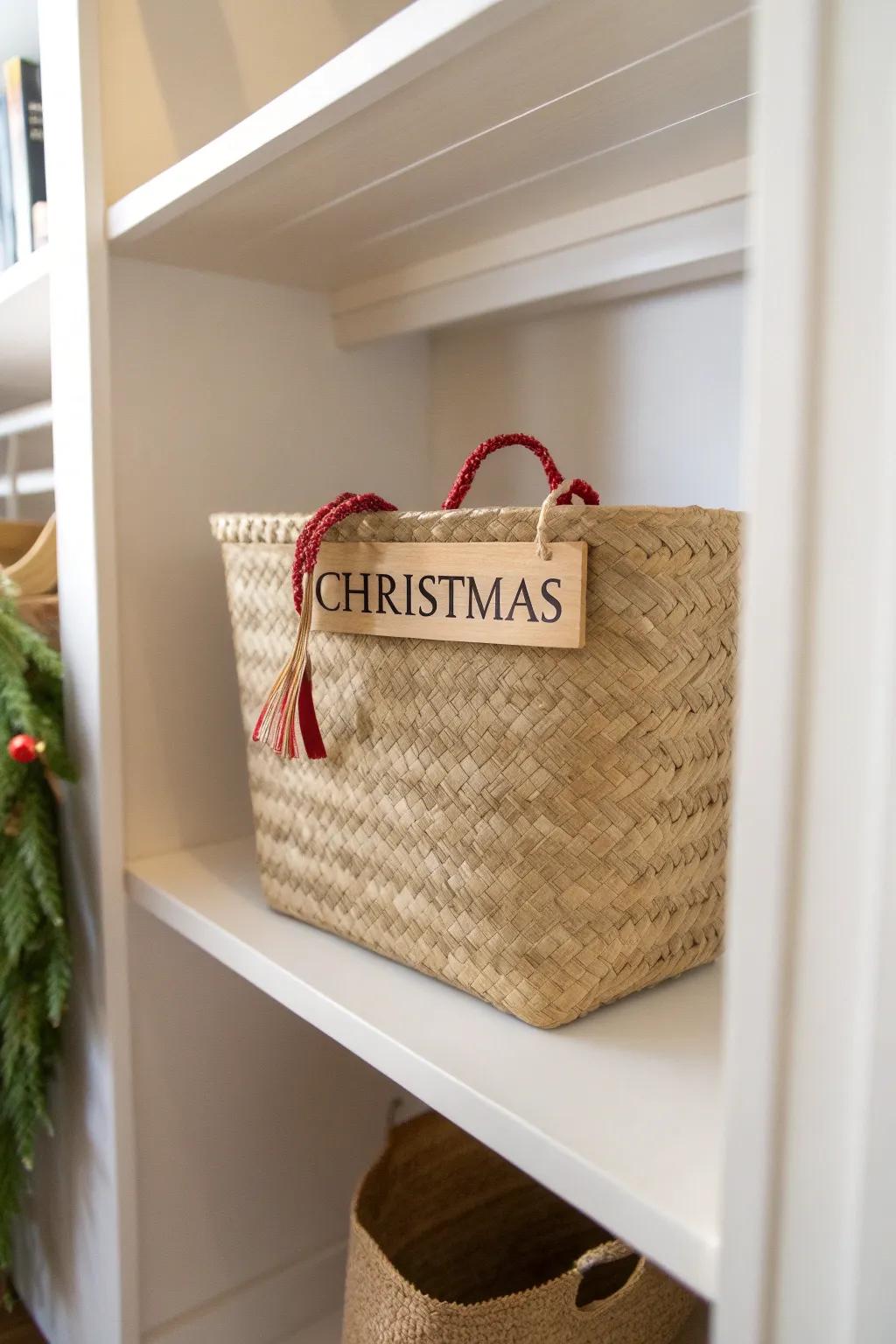One dedicated shelf + one labeled holiday tote keeps Christmas storage from taking over.