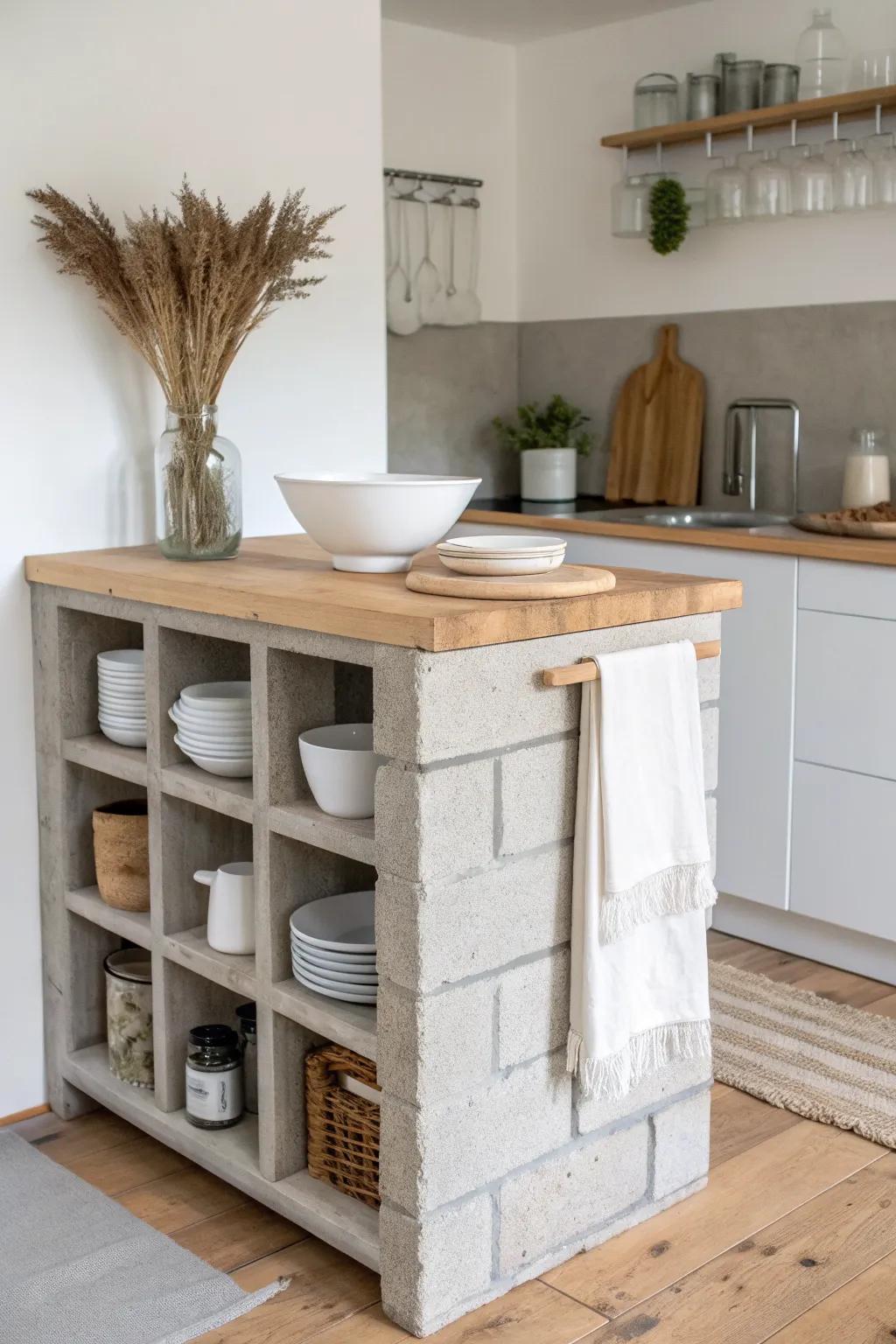 DIY cinder block kitchen island: extra prep space plus vertical storage in a tiny kitchen.
