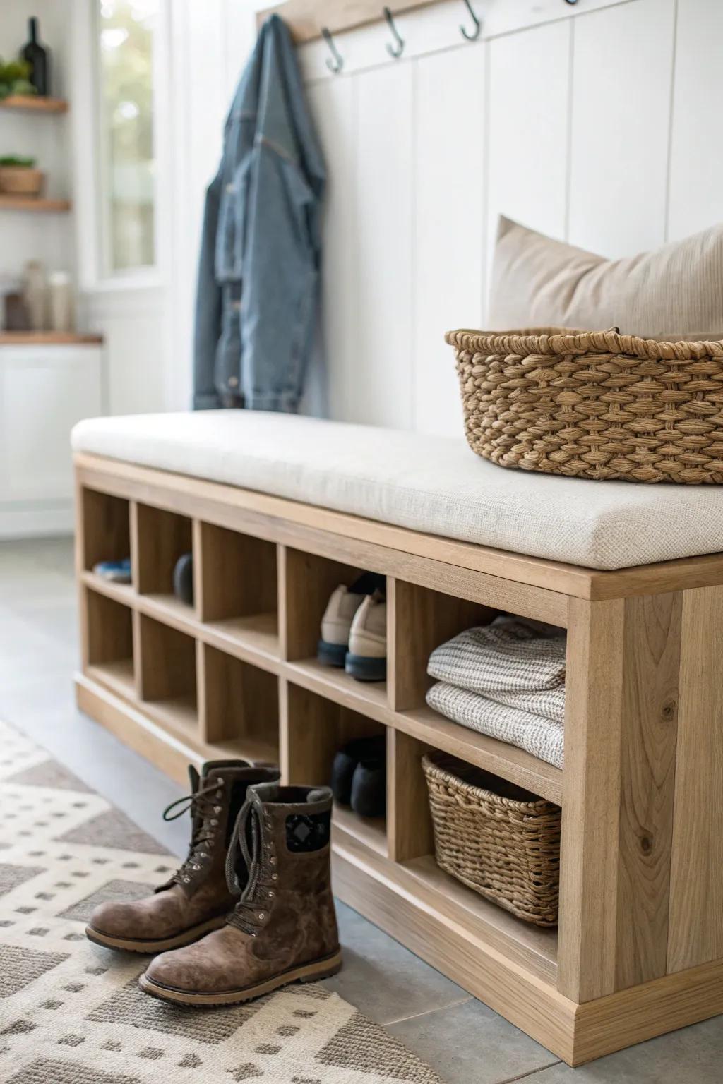 Slim oak bench with shoe storage—an elegant mudroom drop zone that pairs perfectly with utility tasks.