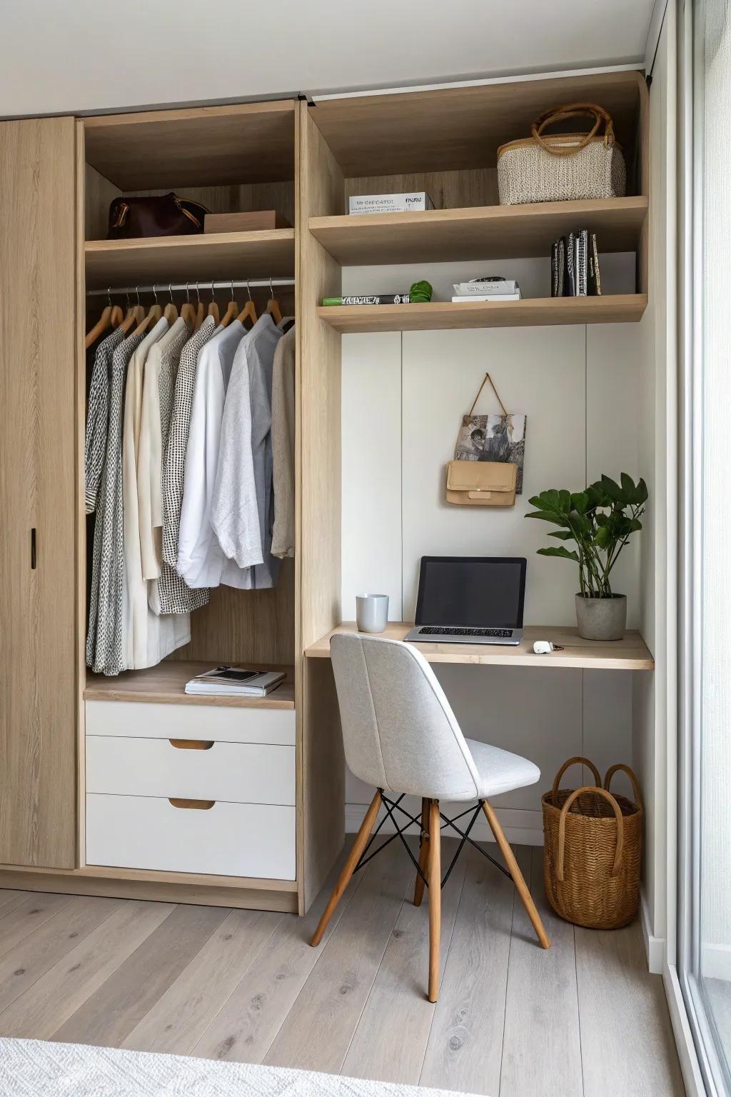 A tidy closet-and-cloffice hybrid: wardrobe on one side, desk on the other—clean and calm.