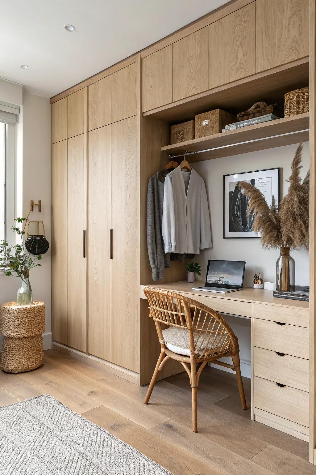 A wardrobe wall with a tucked-in closet desk—keeping bedroom storage seamless and serene.