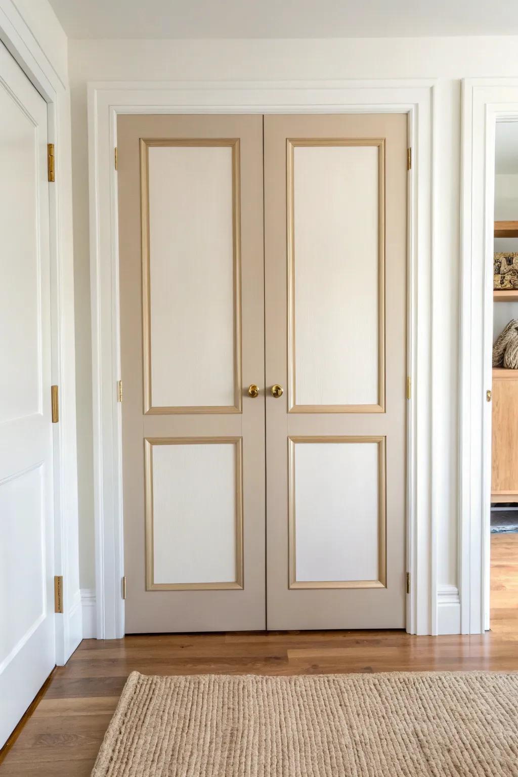 Two-tone closet doors: dark frame + light center for a sleek, space-expanding look.