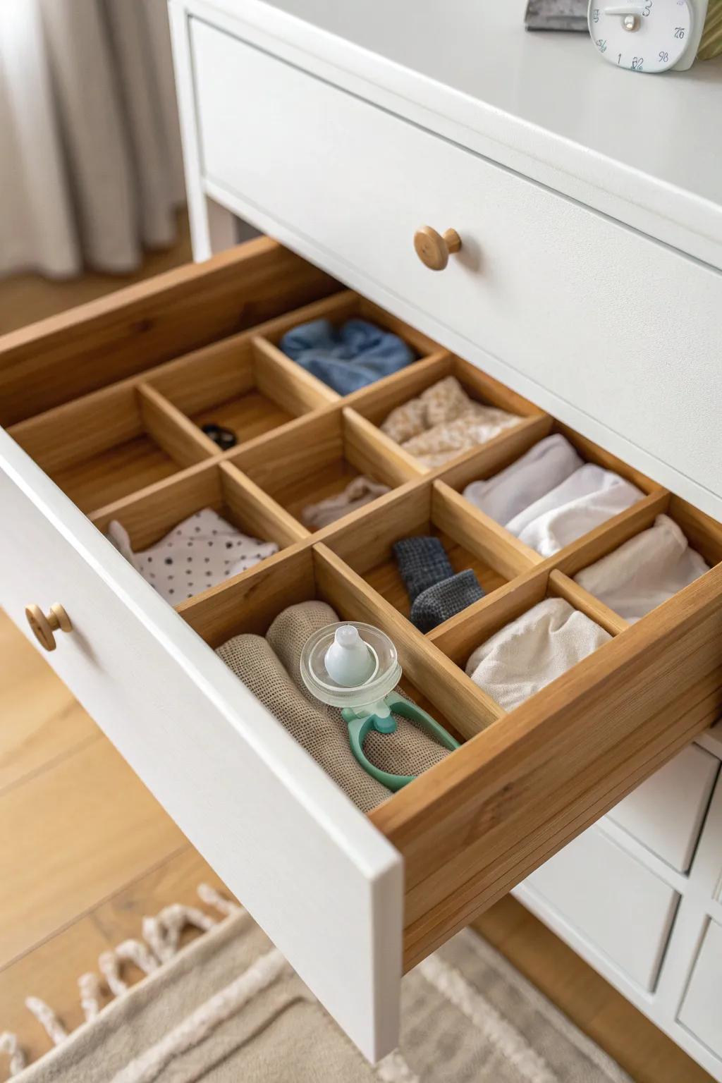 Keep tiny baby essentials calm and tidy with a beautiful bamboo drawer divider in a closet nursery.
