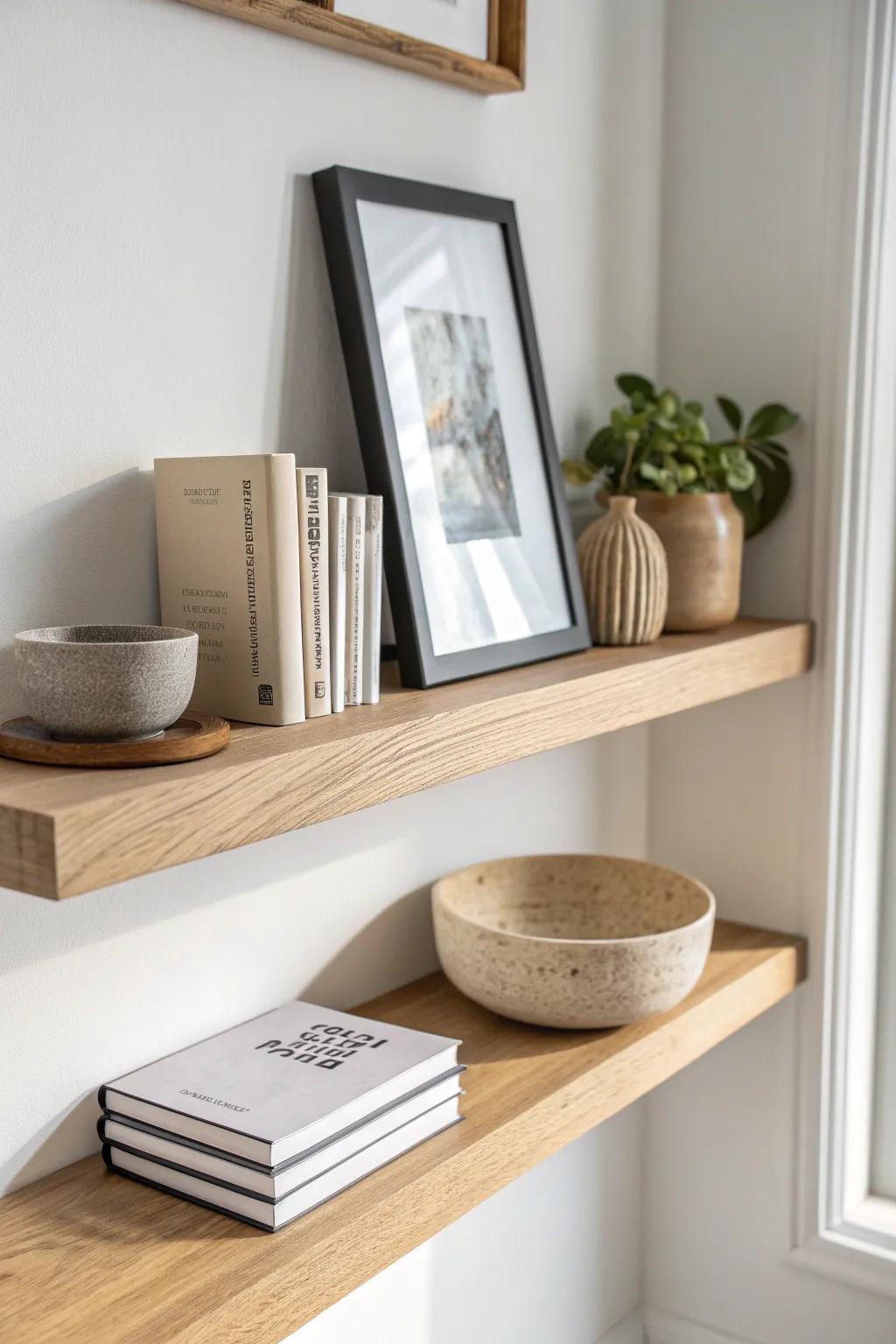 Style one closet-office shelf like decor—books, art, and a handmade bowl for calm focus.