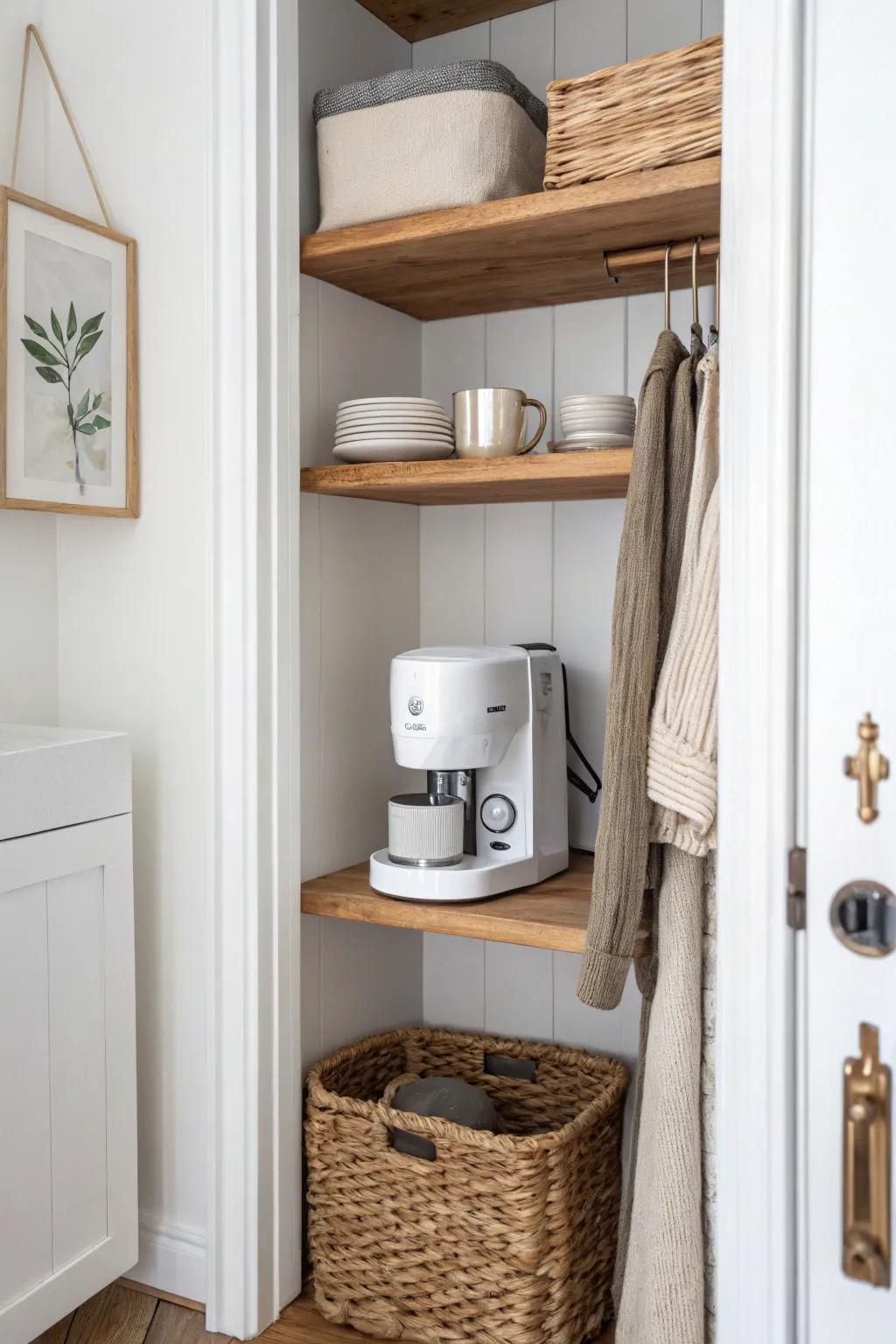 A dedicated appliance shelf turns a closet pantry into a calm, cord-free coffee nook.