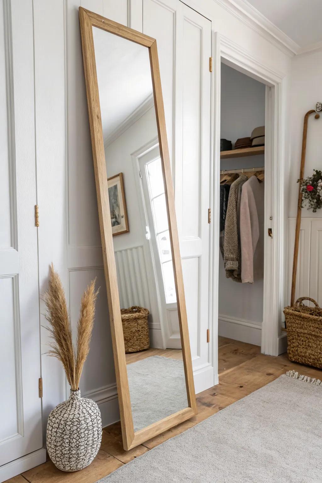 A slim mirror panel bounces light back in—instantly making a closet nook feel twice as deep.