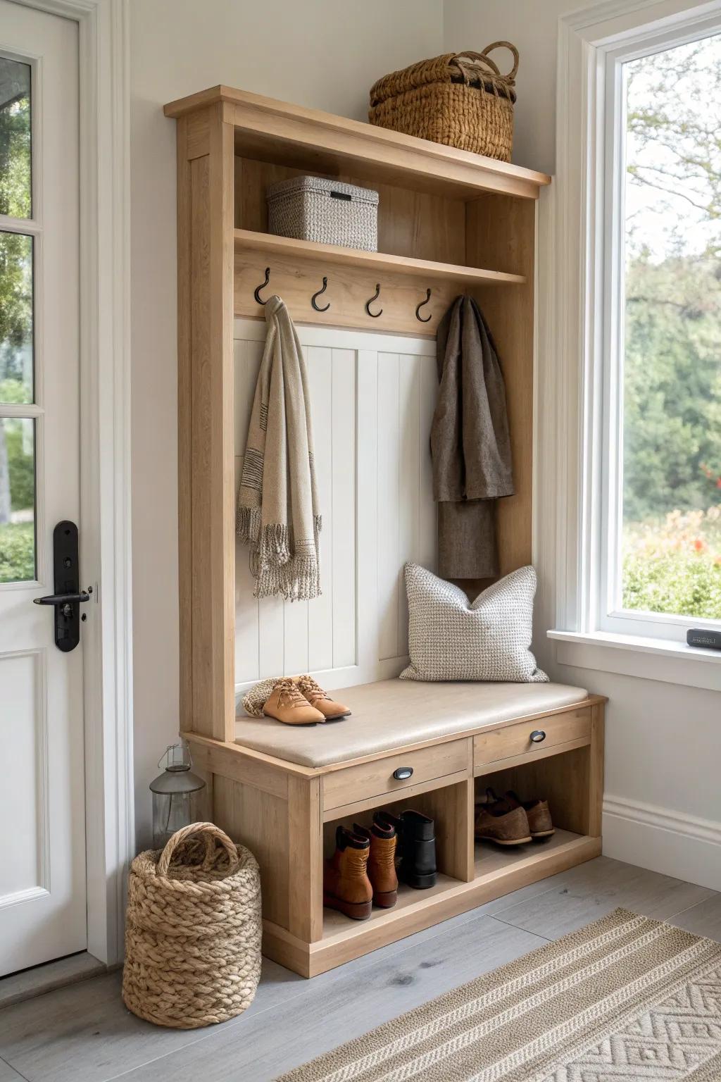 Turn your coat closet into a mini mudroom—add a simple bench shelf and store shoes below.