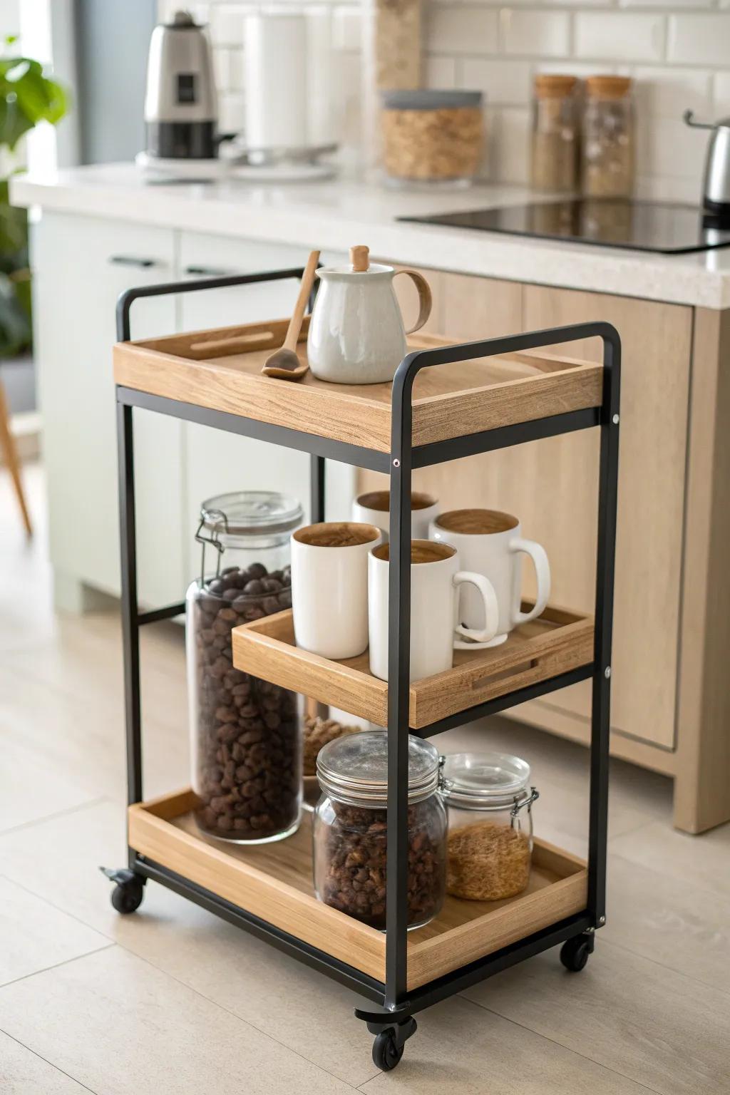 Turn a slim rolling cart into a coffee bar—mugs, beans, and tools neatly stacked by tier.