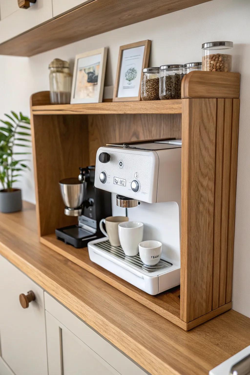 An “appliance garage” shelf that fits your coffee machine perfectly—clean, calm, and clutter-free.
