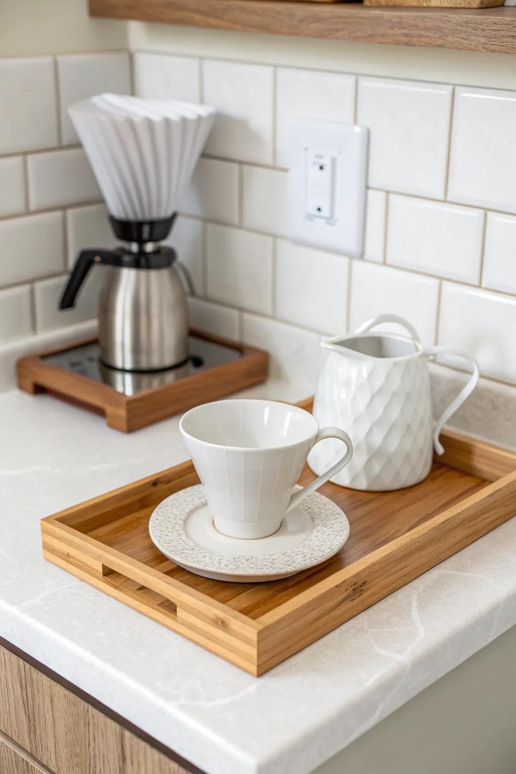 A mini peel-and-stick backsplash instantly finishes your coffee nook—renters, this one’s for you.