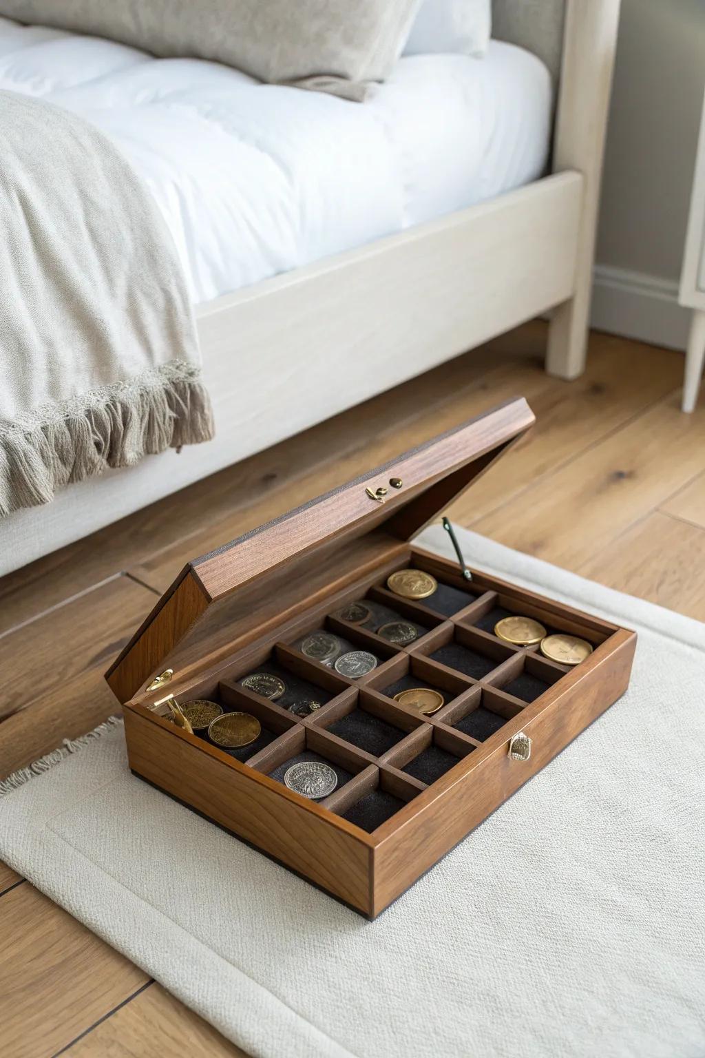 A slim under-bed coin case with trays—hidden storage that keeps your collection beautifully sorted.
