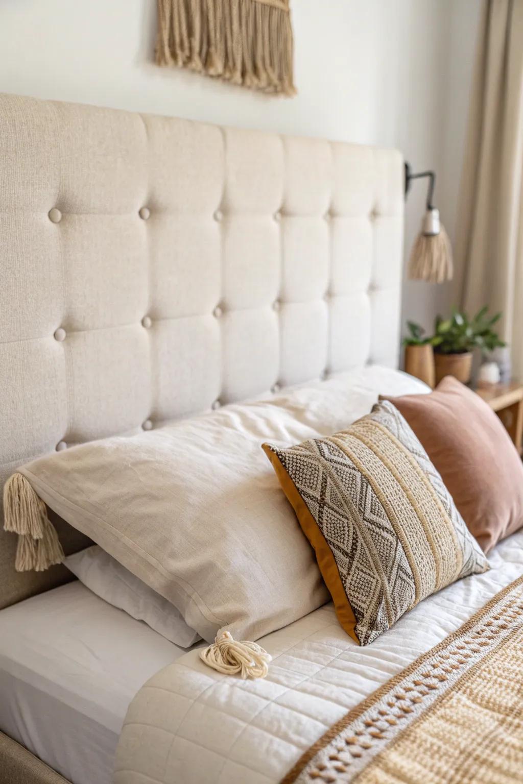 A soft, DIY-style headboard instantly makes a tiny college bedroom feel polished.