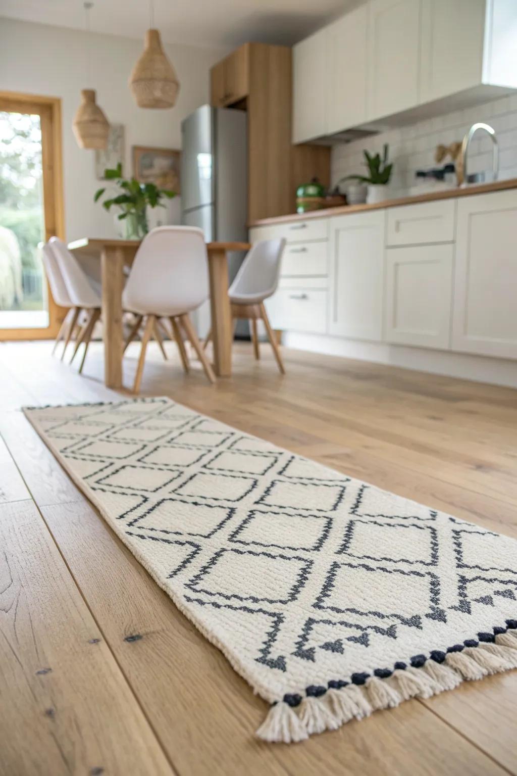 Handwoven runner on continuous oak flooring unifies the kitchen-dining space and feels larger.
