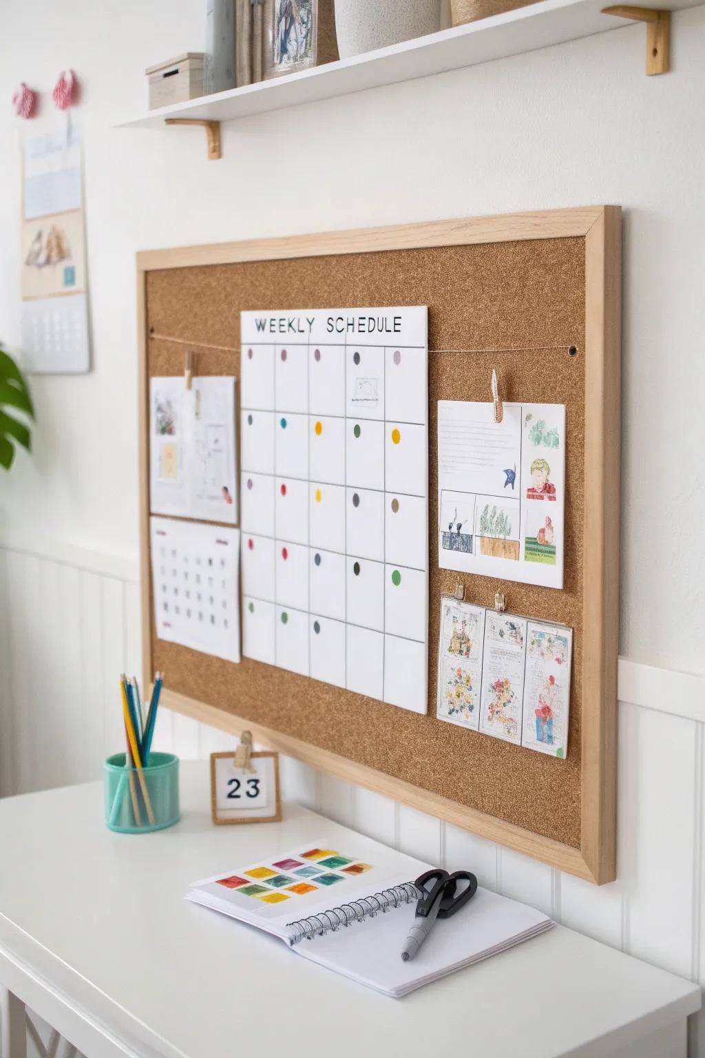 A shared pinboard wall keeps work notes up top and kids’ art neatly displayed below.