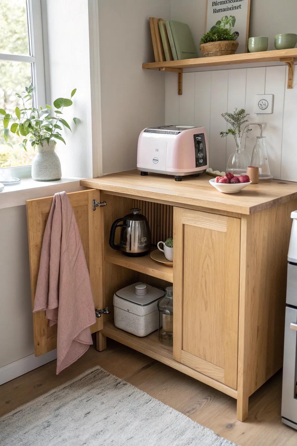 A calm appliance station keeps toaster + blender tucked away—one tidy corner, zero clutter.