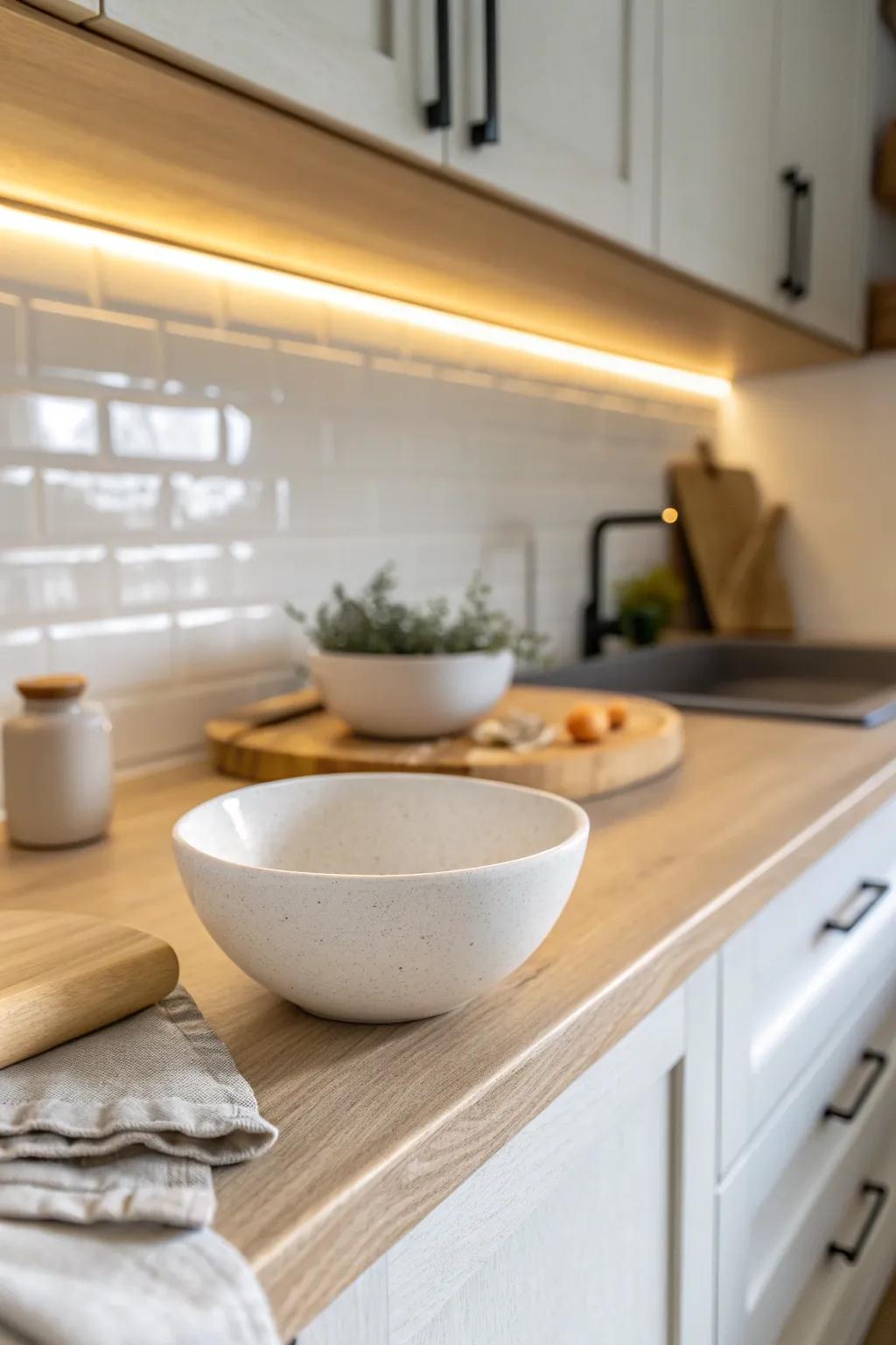Under-cabinet lighting adds a soft glow—making a small condo kitchen feel brighter and luxe.