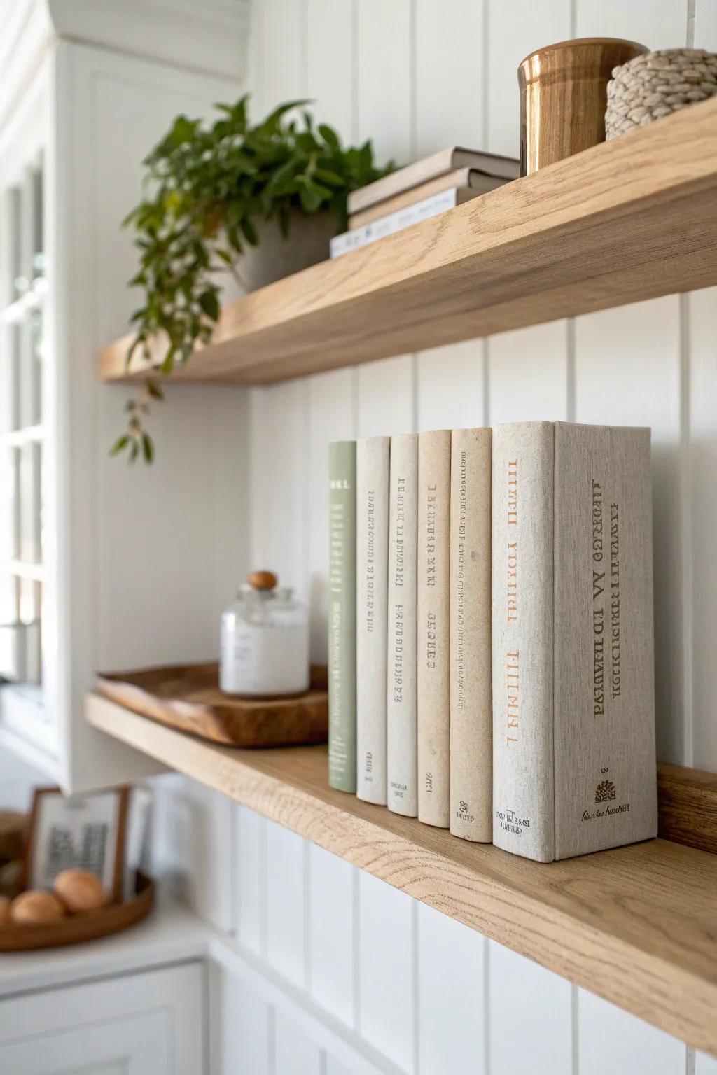 A dedicated pantry shelf for cookbooks keeps meal planning calm, tidy, and beautifully minimal.