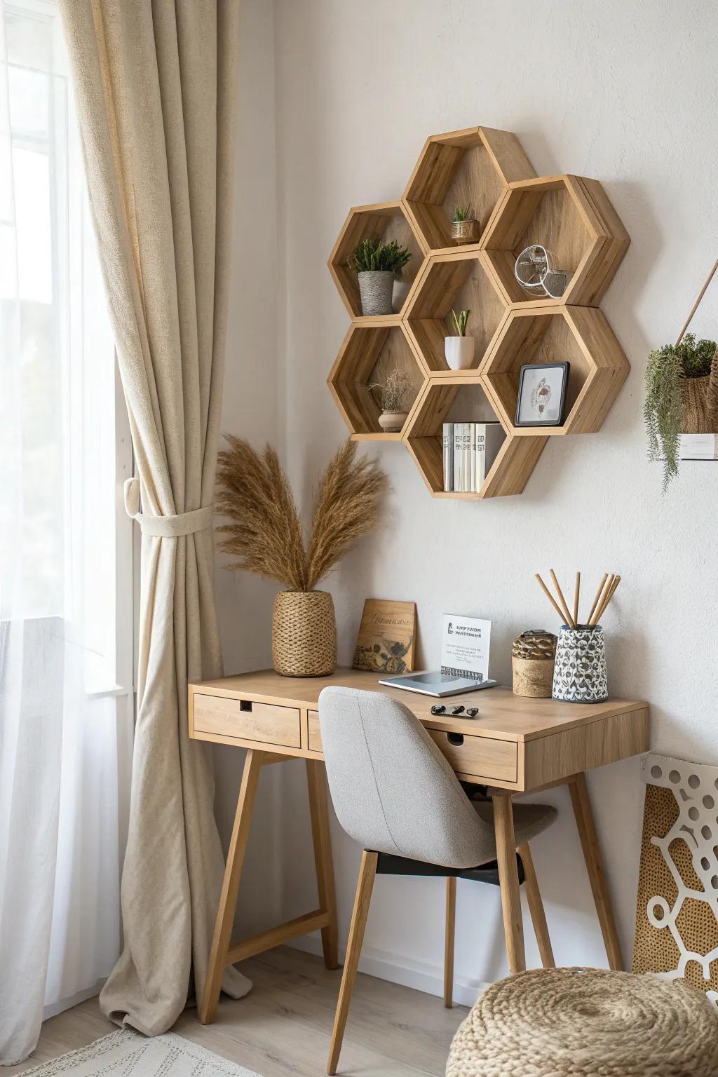 Honeycomb cube shelves in one warm wood tone—geometric, airy storage for tiny nooks.