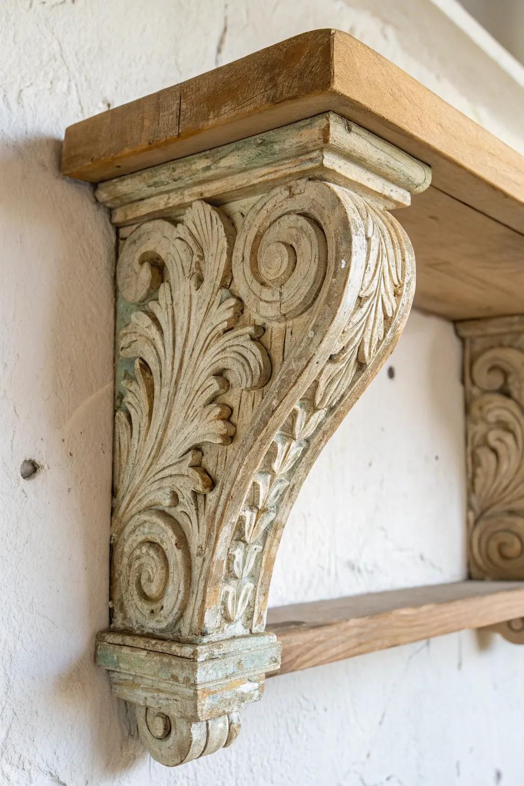 Timeworn salvaged corbel + simple oak plank: rustic charm with clean Scandinavian calm.