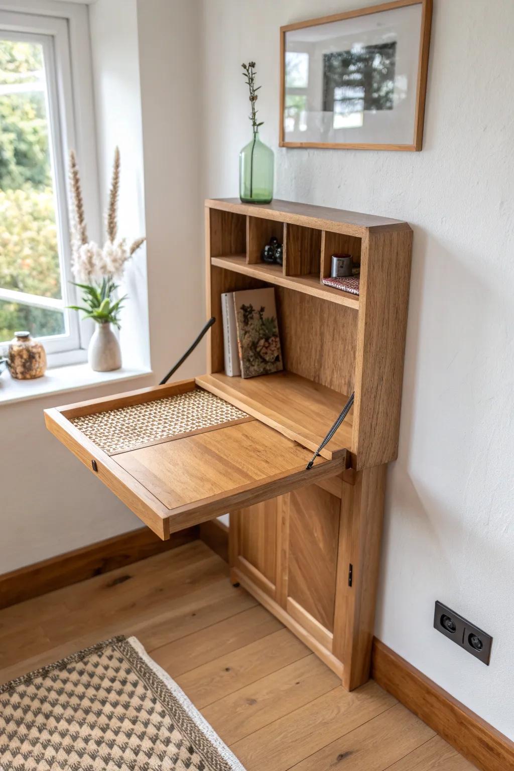 Fold-down corner bar table: a chic mixing spot that folds away to instantly open up your room.