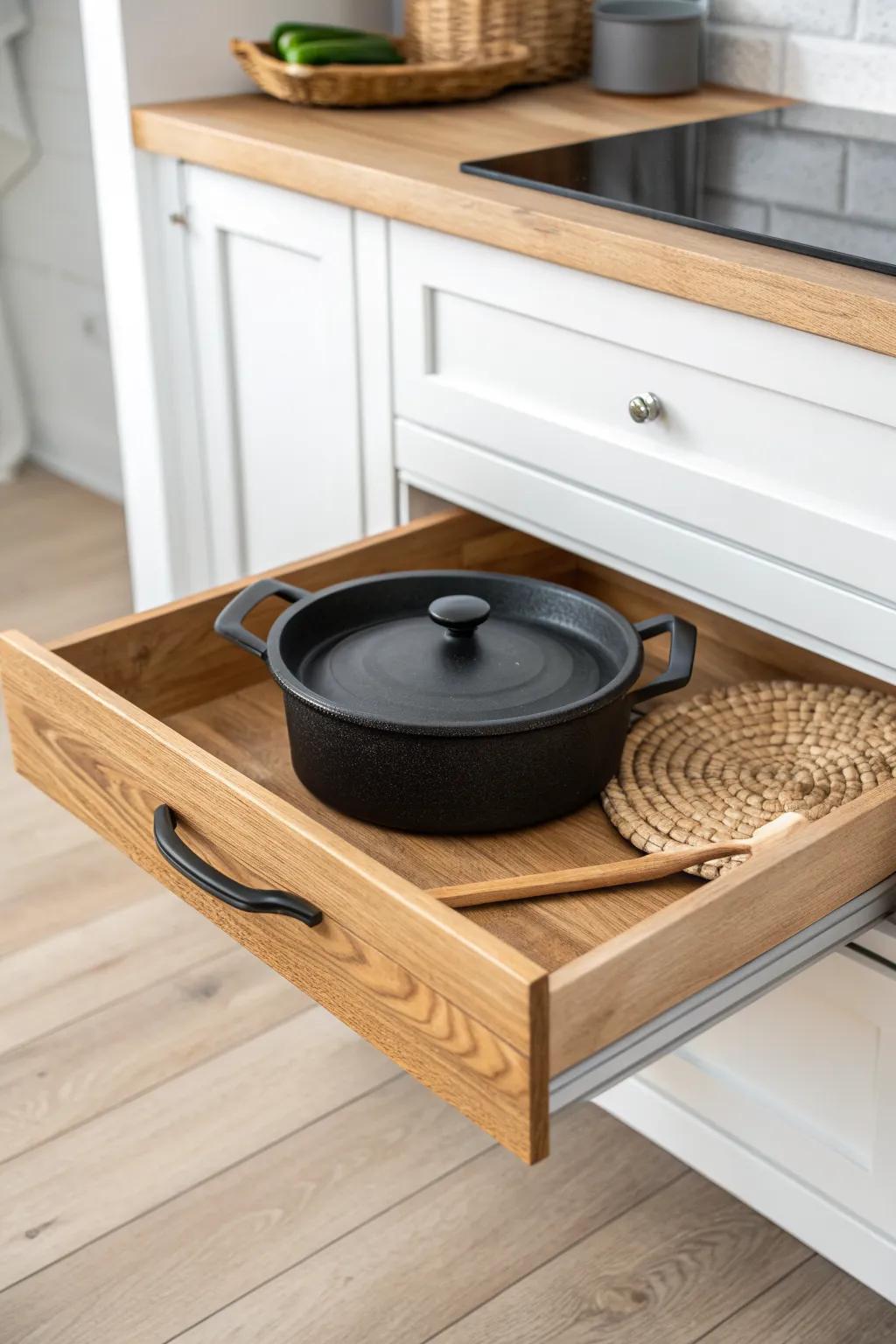 Make the corner cabinet work: a sturdy low slide-out tray keeps heavy cast iron easy to grab.