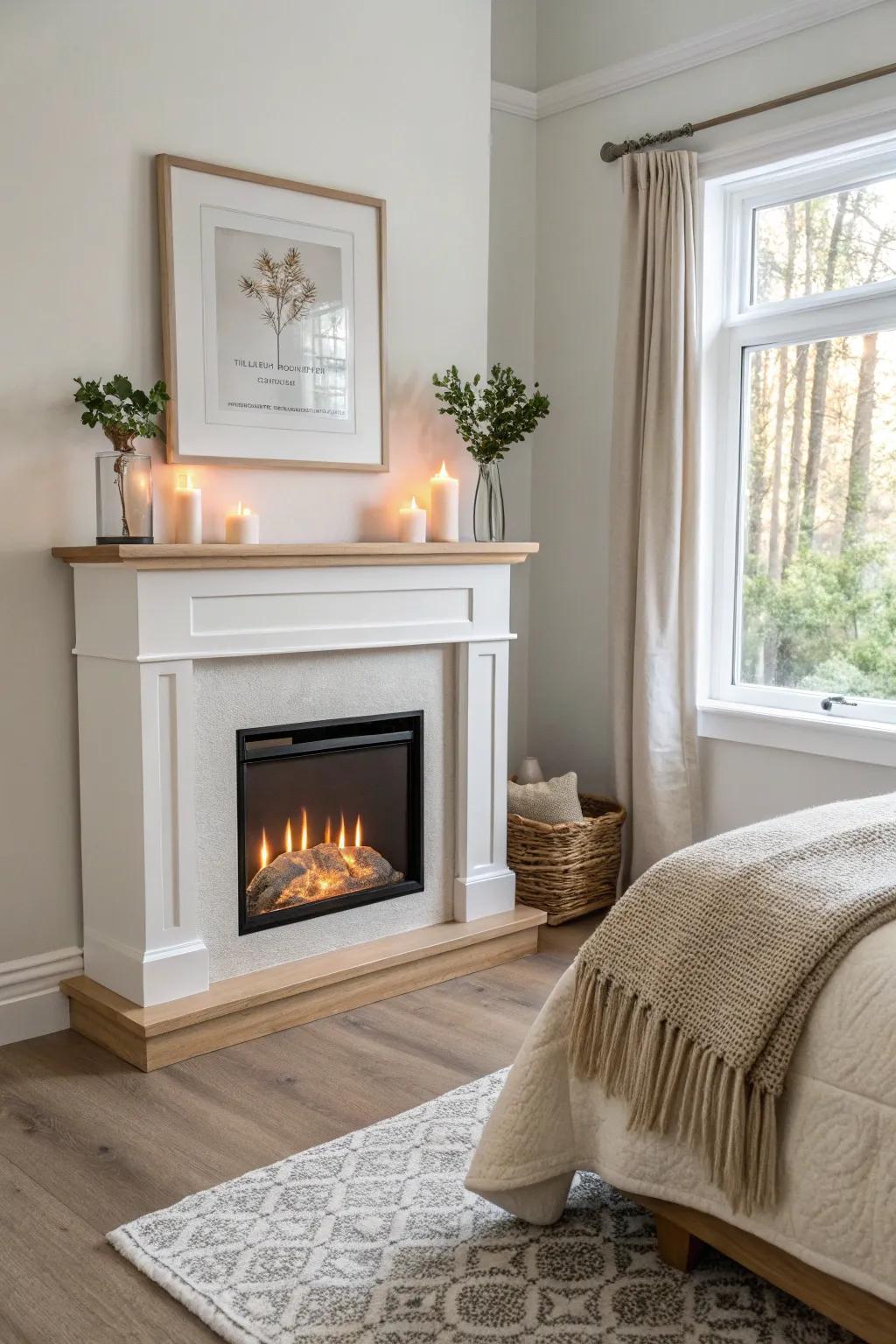 Hotel-cozy bedroom corner: a minimalist electric fireplace glow with calm, boho-soft styling.