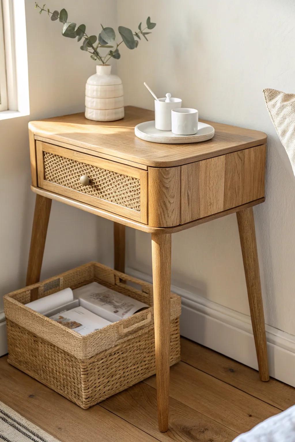 A calm corner vanity: light oak + one lidded box for a tidy, dreamy getting-ready spot.