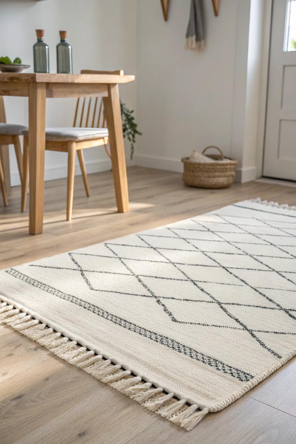 A washable low-pile rug defines a corner kitchen nook—cozy, chic, and crumb-friendly.