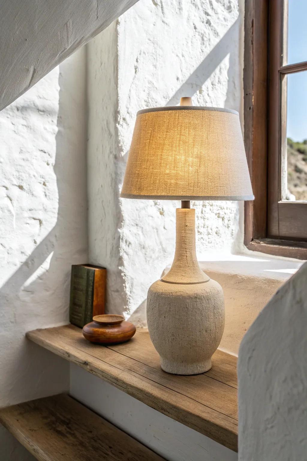 A cordless lamp on a tiny corner ledge adds instant glow—no outlets, no clutter, all charm.