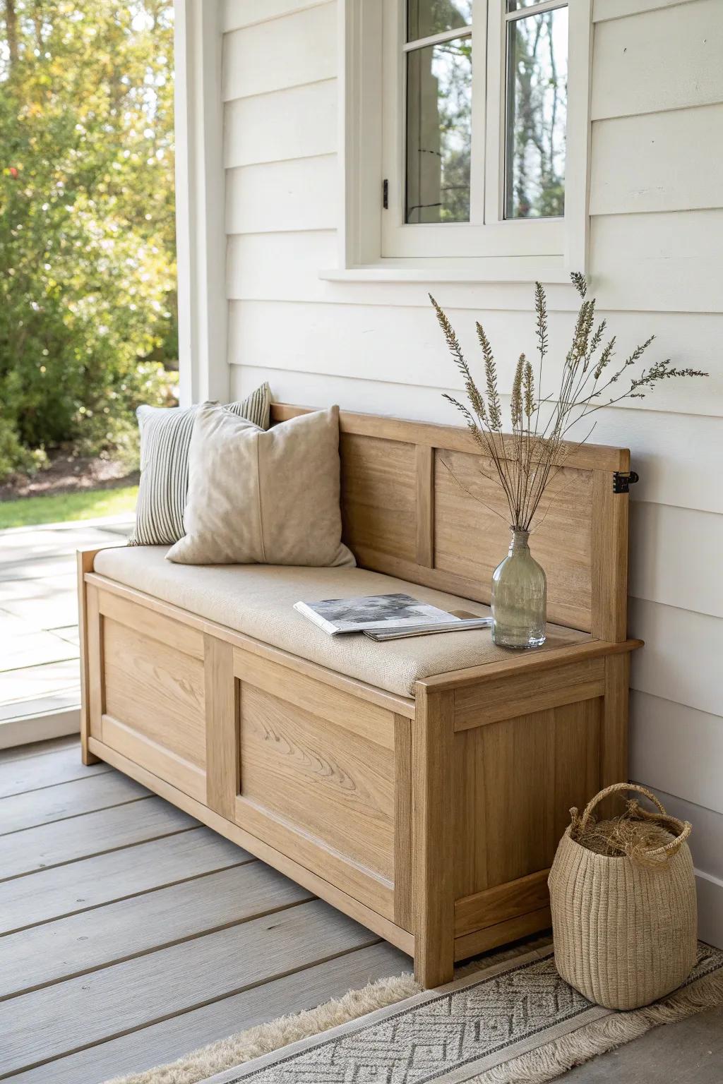 A sleek built-in corner bench wall adds hidden storage—like a sneaky outdoor mudroom.
