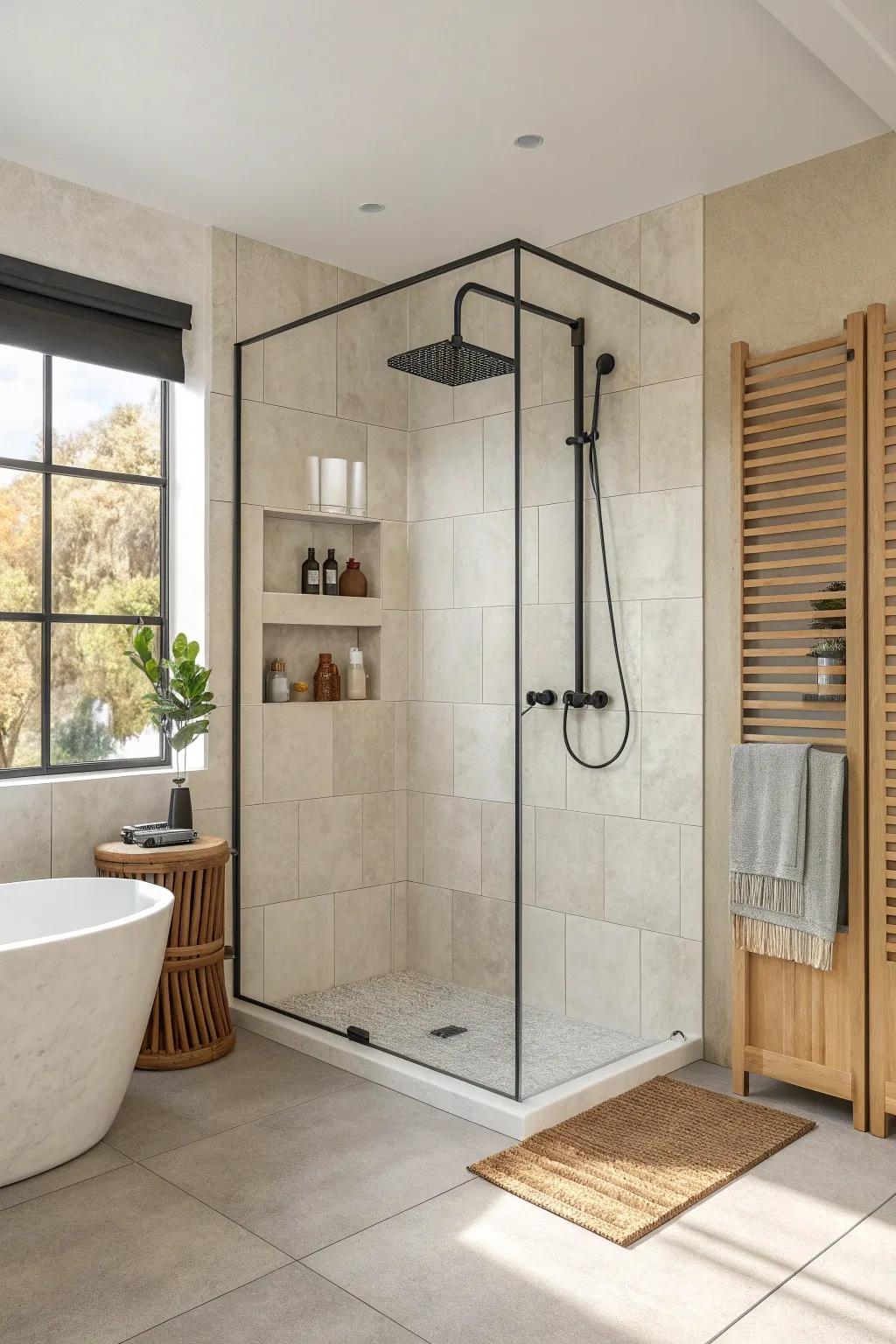 A pony wall plus glass gives corner showers privacy without losing that open, airy feel.