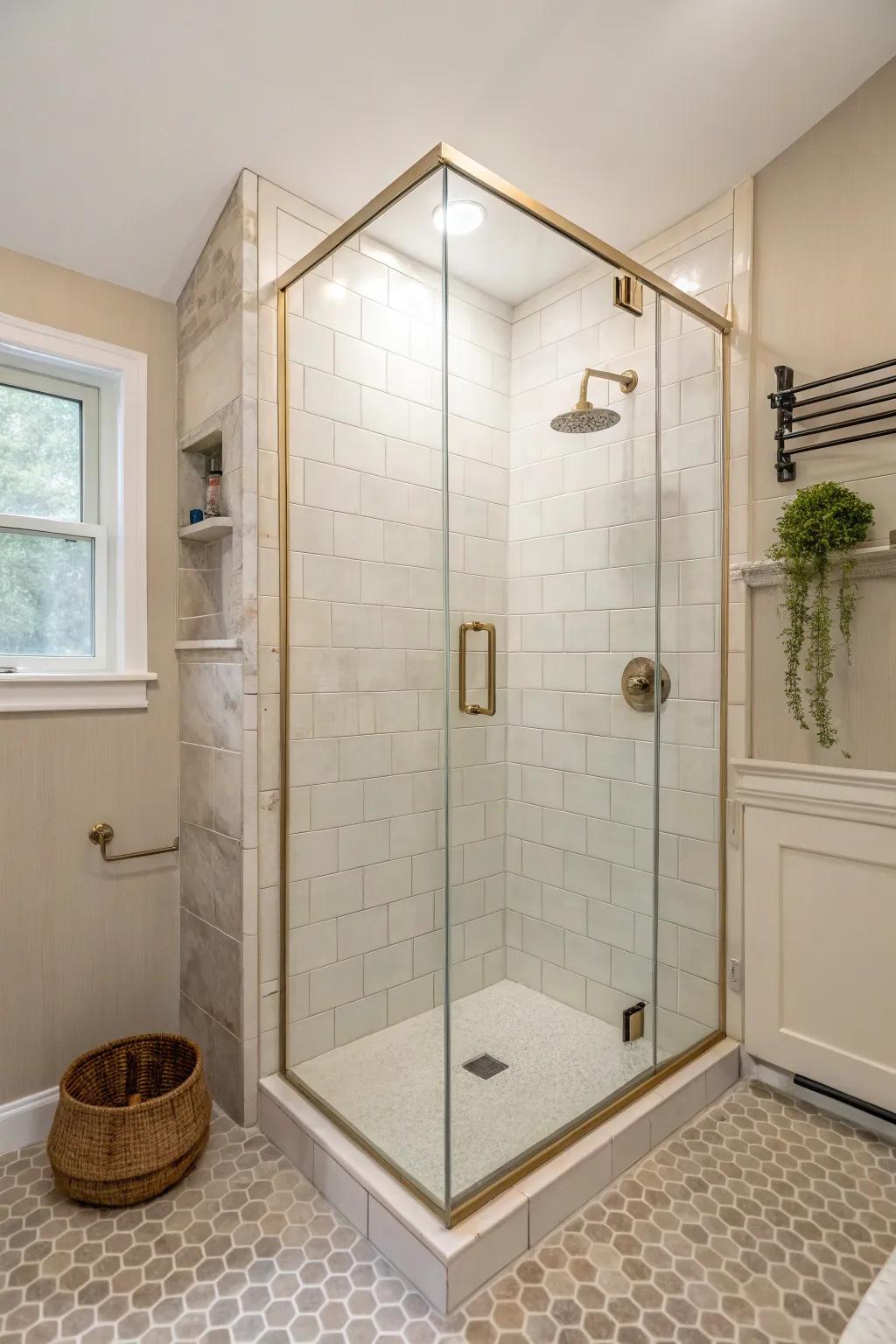 Soft monochrome corner-shower tile blurs the edges—instantly making a tiny bath feel bigger.
